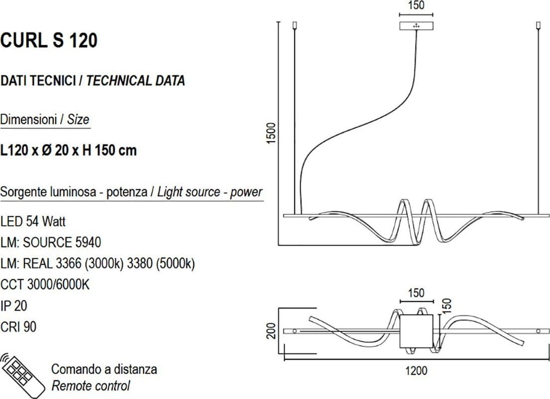 Lampadario led Promoingross CURL S120 N 54W 3380LM LED dimmerabile nero dinamico telecomando sospensione in Lampade a sospensione Lampadari Bartalini - Colle di Val d’Elsa, commercioVirtuoso.it