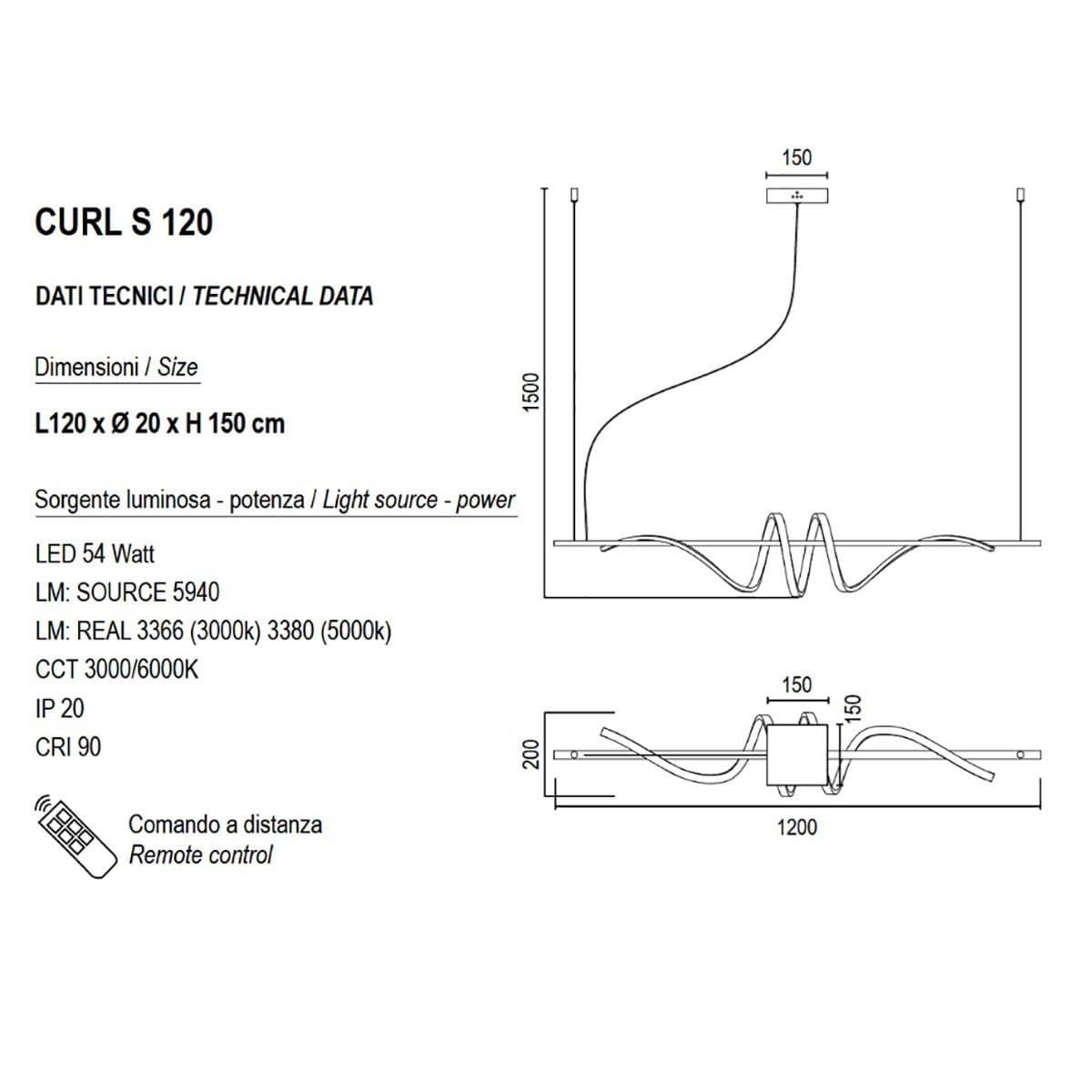 Lampadario led Promoingross CURL S120 N 54W 3380LM LED dimmerabile nero dinamico telecomando sospensione in Lampade a sospensione Lampadari Bartalini - Colle di Val d’Elsa, commercioVirtuoso.it