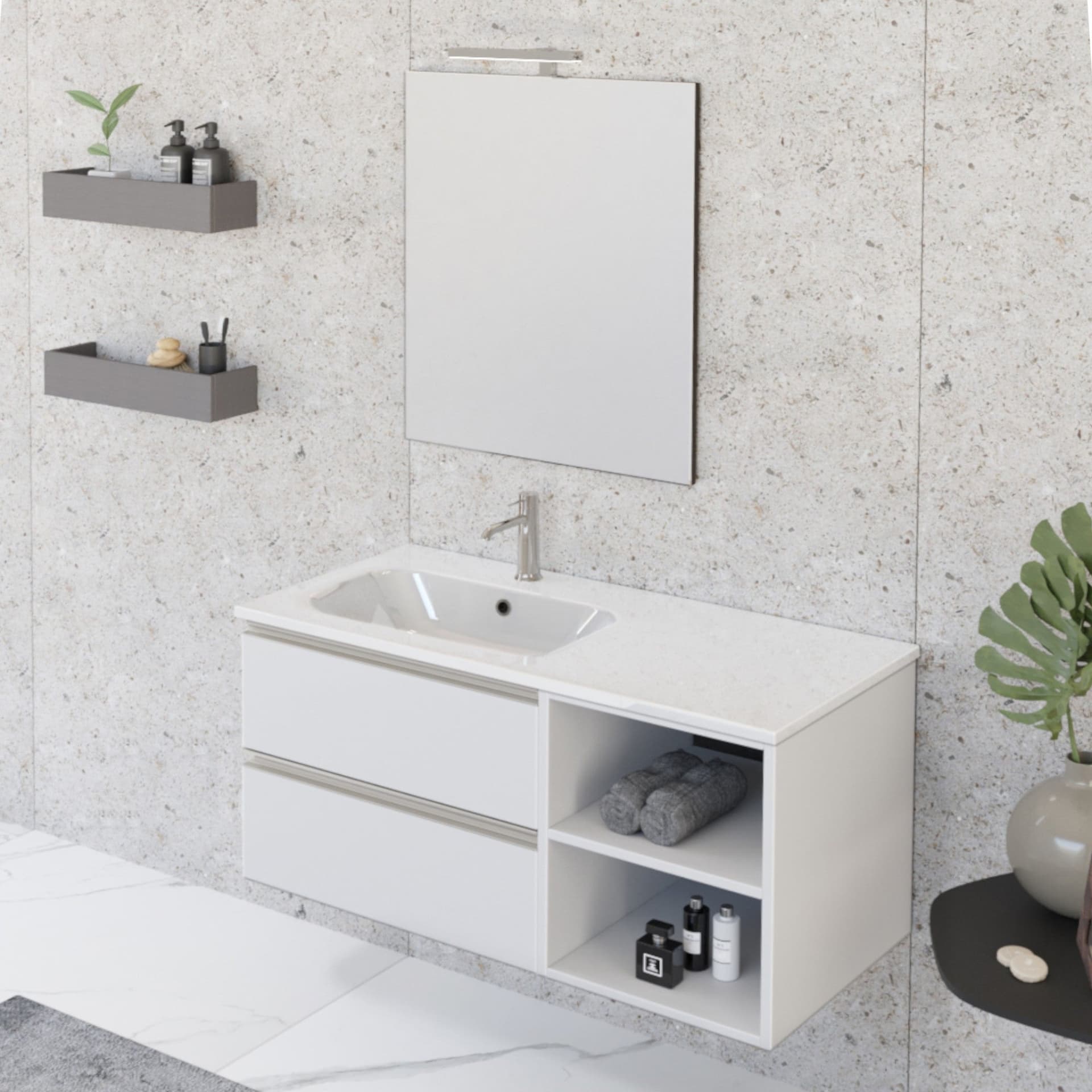 Mobile bagno sospeso 100cm con ripiano a destra e specchio bianco opaco DUBON in Armadietti a specchio Mondialshop - Parabiago, commercioVirtuoso.it