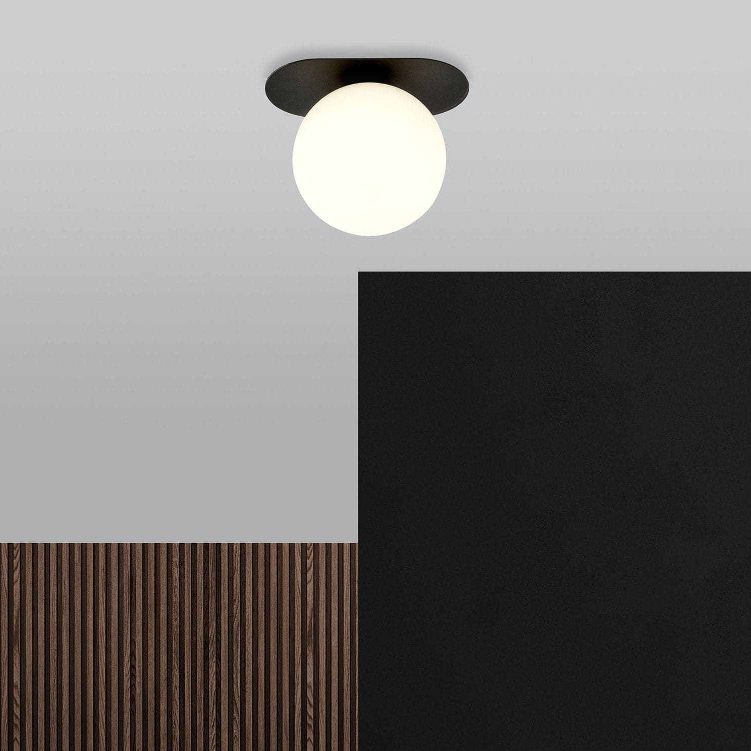 Plafoniera Minimal 1 Luce Plaza In Acciaio Nero E Sfera Vetro Opale in Plafoniere LuceArt - Montecorvino Pugliano, commercioVirtuoso.it