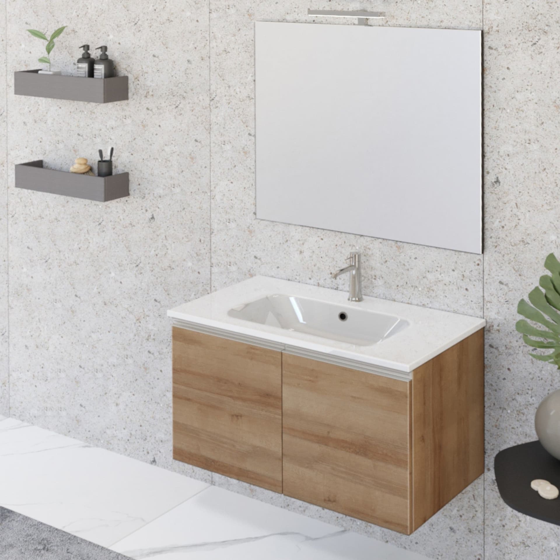Mobile bagno sospeso 80cm con due ante e specchio rovere farnia DUBON in Mobiletti con lavabo Mondialshop - Parabiago, commercioVirtuoso.it