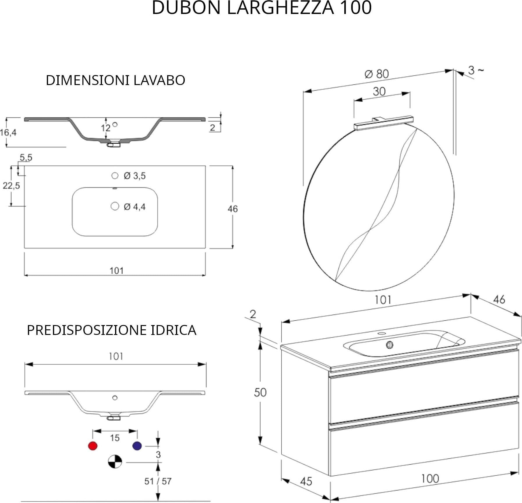 Mobile bagno sospeso 100cm con due cassetti e specchio bianco opaco DUBON in Mobiletti con lavabo Mondialshop - Parabiago, commercioVirtuoso.it