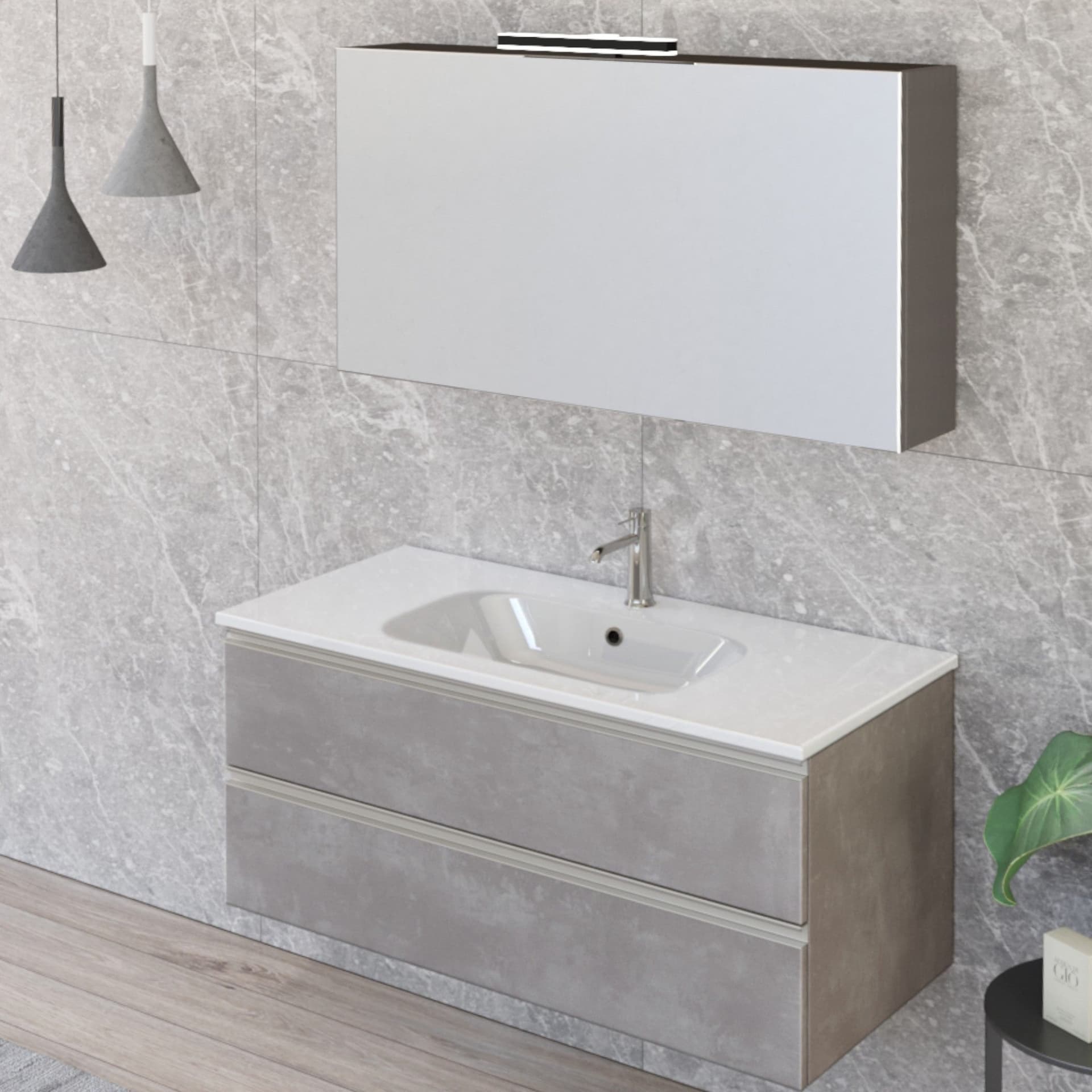 Mobile bagno sospeso 100cm con due cassetti e specchiera cemento grigio caldo DUBON in Mobiletti con lavabo Mondialshop - Parabiago, commercioVirtuoso.it