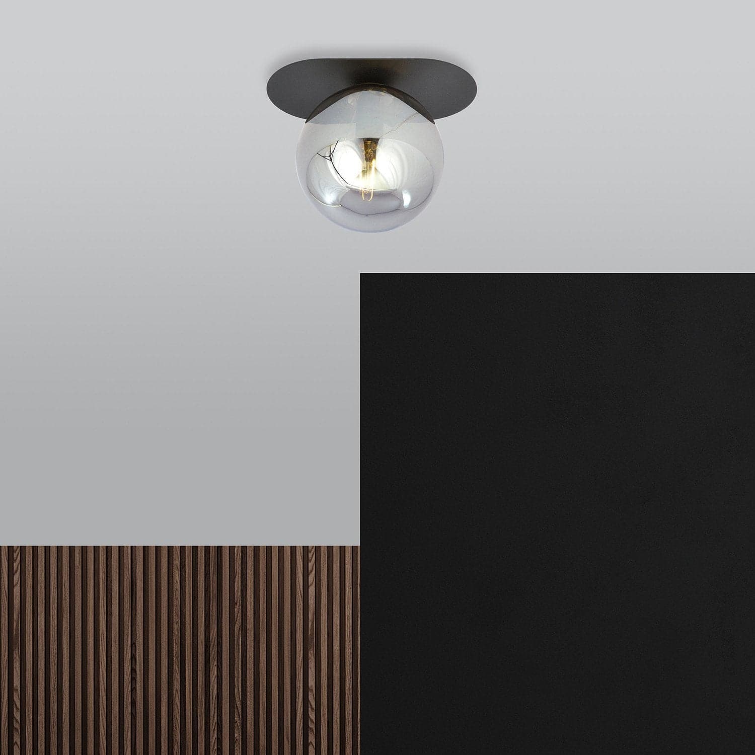 Plafoniera Minimal 1 Luce Plaza In Acciaio Nero E Sfera Vetro Fumè in Plafoniere LuceArt - Montecorvino Pugliano, commercioVirtuoso.it