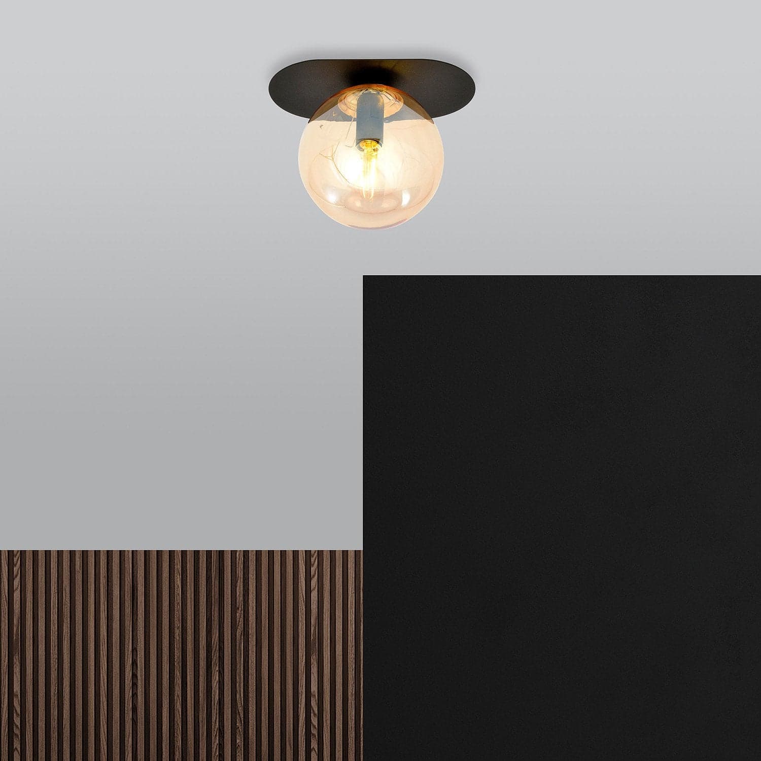 Plafoniera Minimal 1 Luce Plaza In Acciaio Nero E Sfera Vetro Ambra in Plafoniere LuceArt - Montecorvino Pugliano, commercioVirtuoso.it