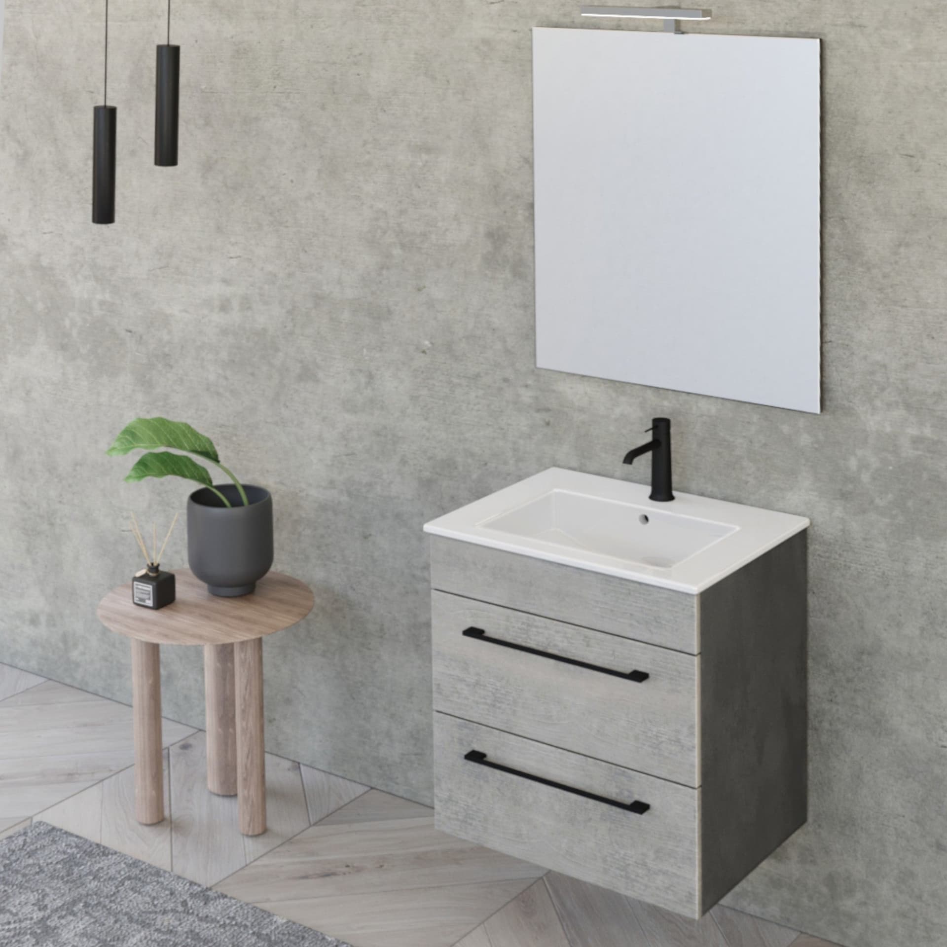 Mobile bagno sospeso 55cm con specchio cemento legno e lava FACILE in Mobiletti con lavabo Mondialshop - Parabiago, commercioVirtuoso.it