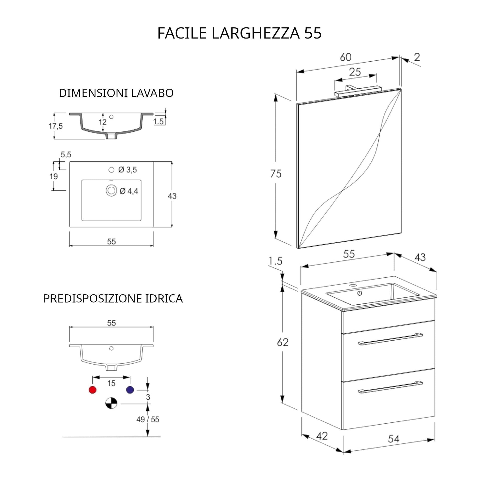 Mobile bagno sospeso 55cm con specchio cemento legno e lava FACILE in Mobiletti con lavabo Mondialshop - Parabiago, commercioVirtuoso.it