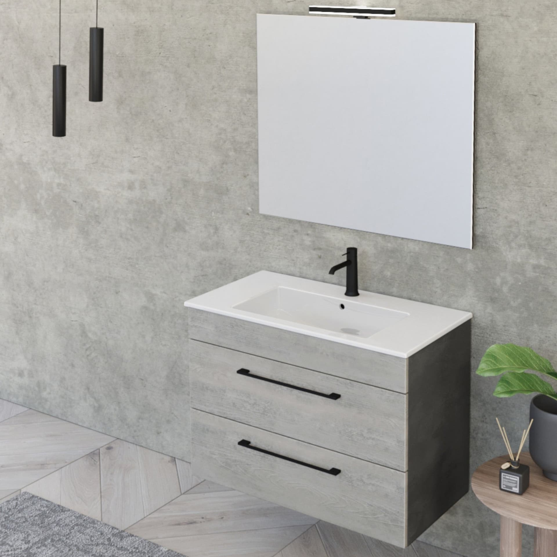 Mobile bagno sospeso 80cm con specchio cemento legno e lava FACILE in Mobiletti con lavabo Mondialshop - Parabiago, commercioVirtuoso.it