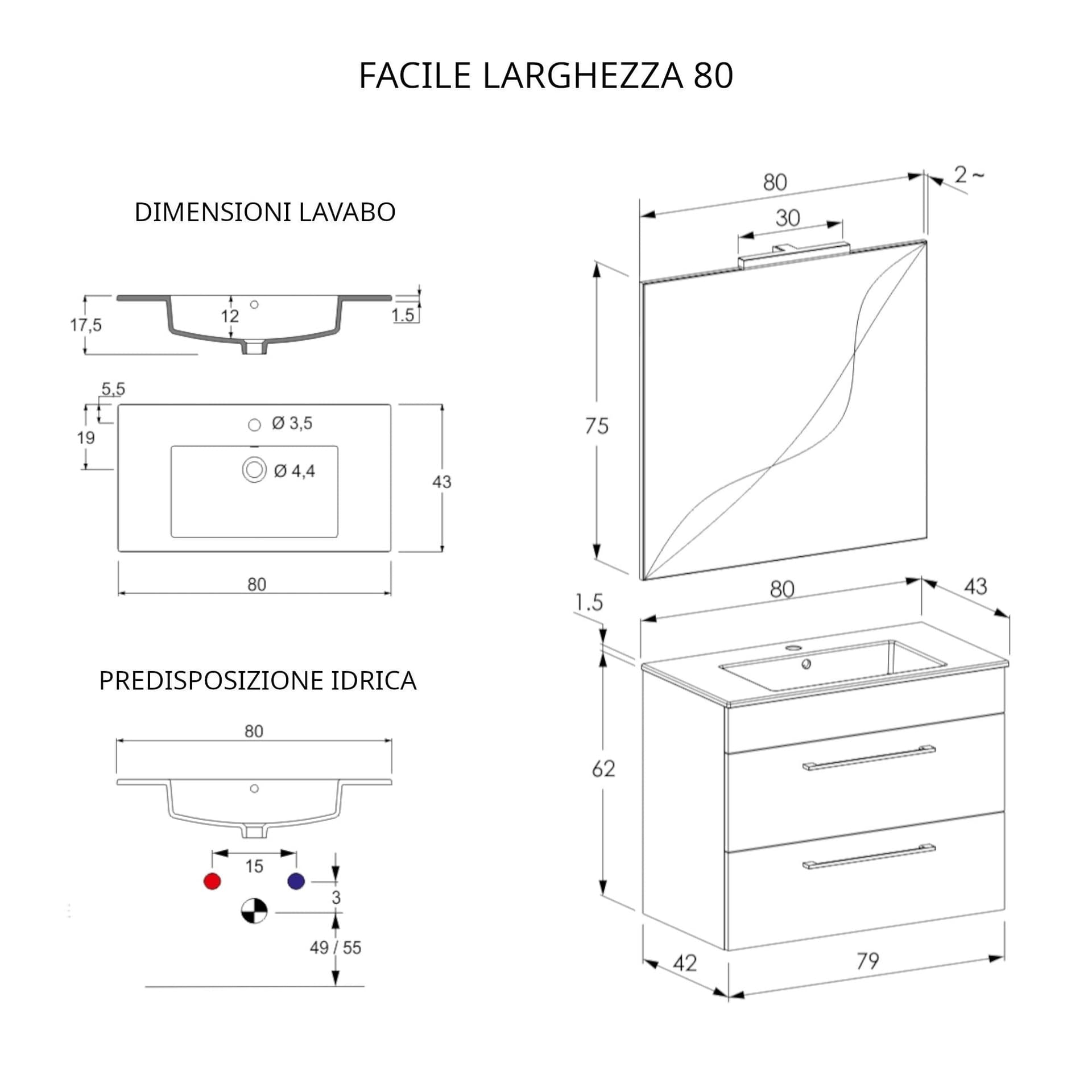 Mobile bagno sospeso 80cm con specchio cemento legno e lava FACILE in Mobiletti con lavabo Mondialshop - Parabiago, commercioVirtuoso.it