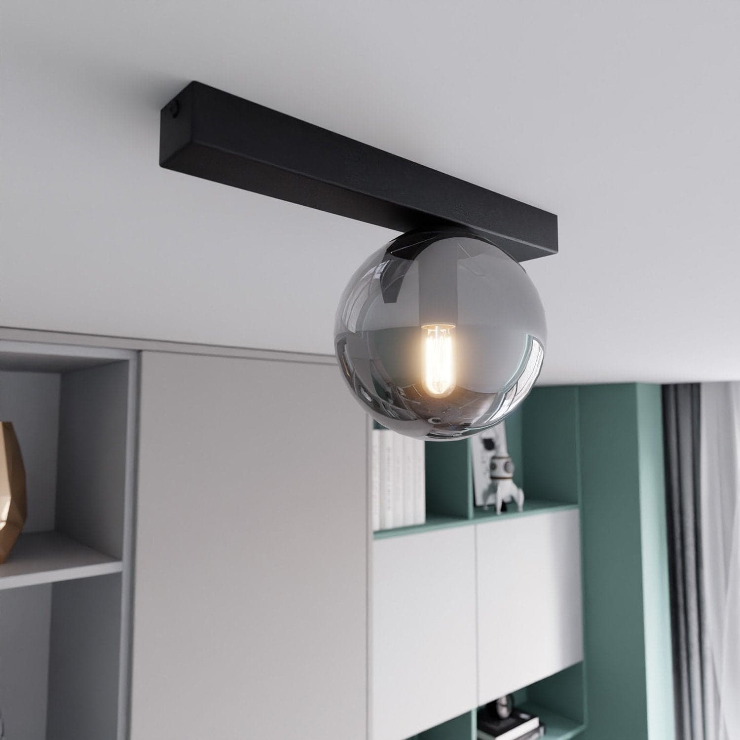 Plafoniera Moderna 1 Luce Fit Barra In Acciaio Nero E Sfera Di Vetro Fumè in Plafoniere LuceArt - Montecorvino Pugliano, commercioVirtuoso.it