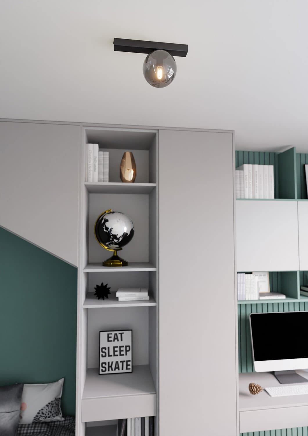 Plafoniera Moderna 1 Luce Fit Barra In Acciaio Nero E Sfera Di Vetro Fumè in Plafoniere LuceArt - Montecorvino Pugliano, commercioVirtuoso.it