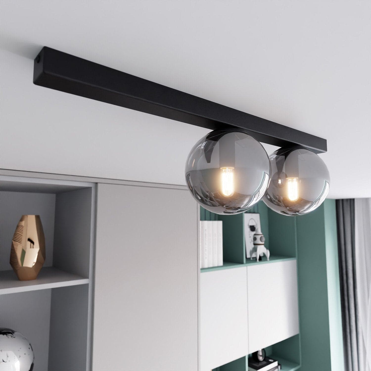Plafoniera Moderna 2 Luci Fit Barra In Acciaio Nero E Sfere Di Vetro Fumè in Lampade a sospensione LuceArt - Montecorvino Pugliano, commercioVirtuoso.it