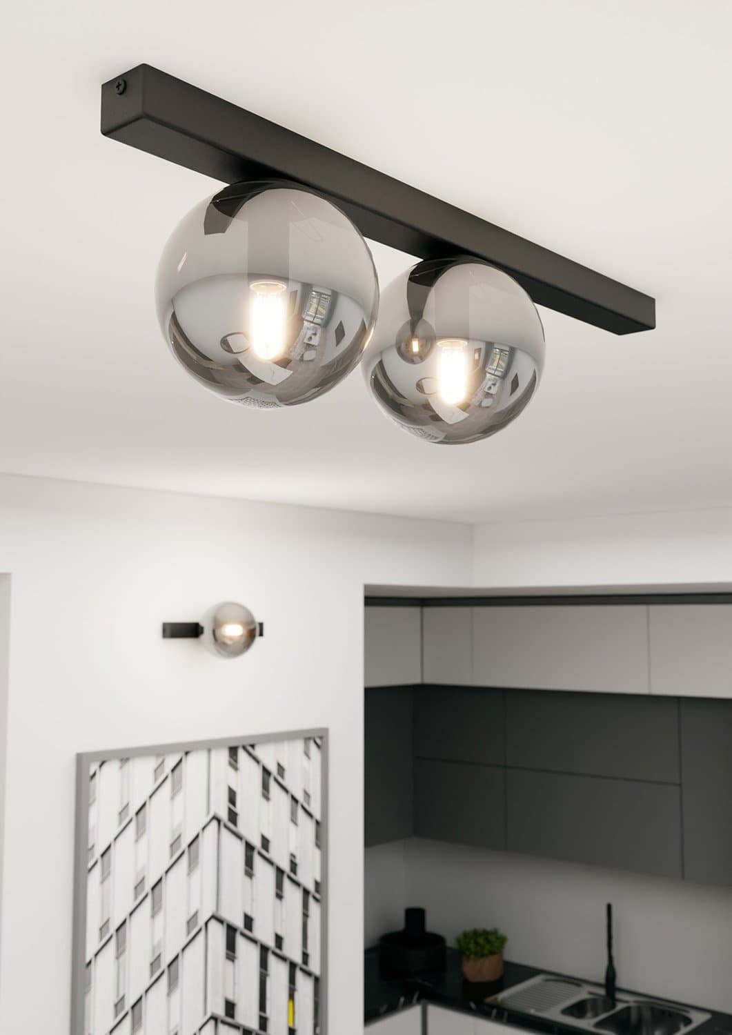 Plafoniera Moderna 2 Luci Fit Barra In Acciaio Nero E Sfere Di Vetro Fumè in Lampade a sospensione LuceArt - Montecorvino Pugliano, commercioVirtuoso.it