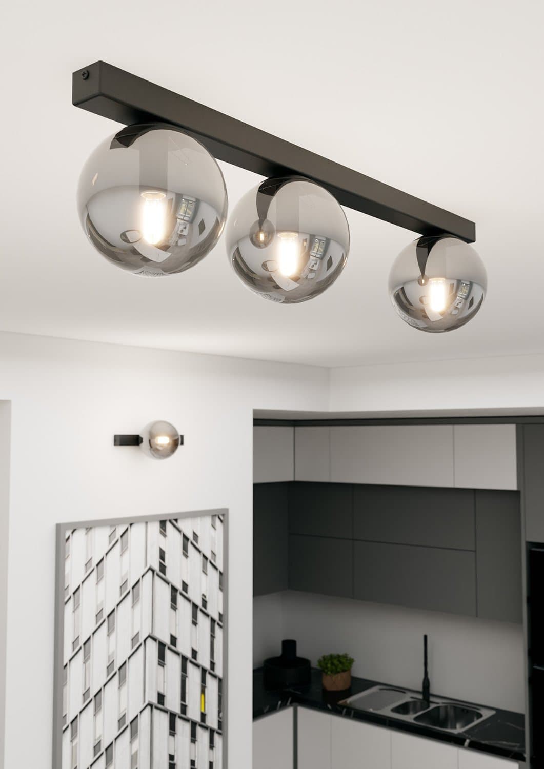 Plafoniera Moderna 3 Luci Fit Barra In Acciaio Nero E Sfere Di Vetro Fumè in Lampade a sospensione LuceArt - Montecorvino Pugliano, commercioVirtuoso.it