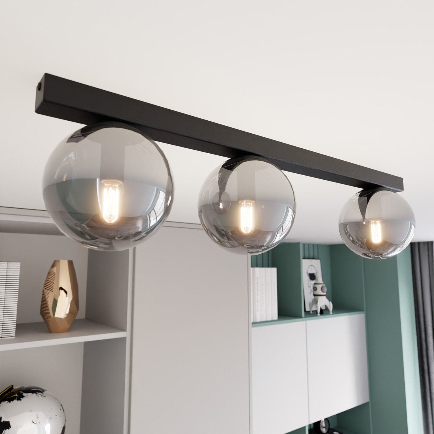 Plafoniera Moderna 3 Luci Fit Barra In Acciaio Nero E Sfere Di Vetro Fumè in Lampade a sospensione LuceArt - Montecorvino Pugliano, commercioVirtuoso.it