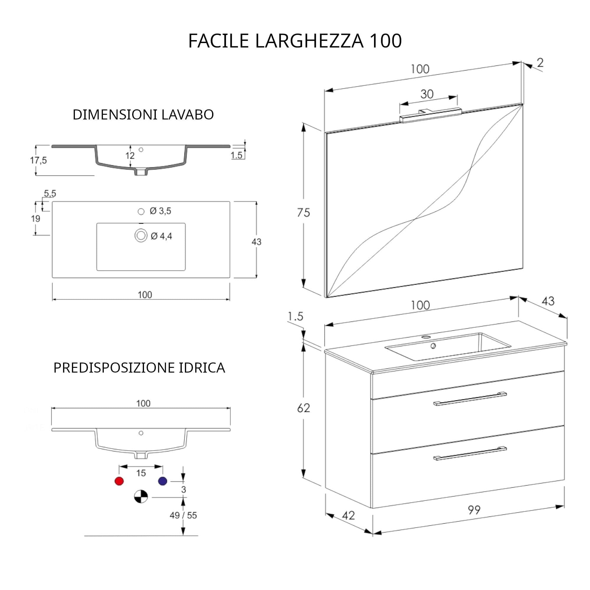 Mobile bagno sospeso 100cm con specchio cemento legno e lava FACILE in Armadietti a specchio Mondialshop - Parabiago, commercioVirtuoso.it