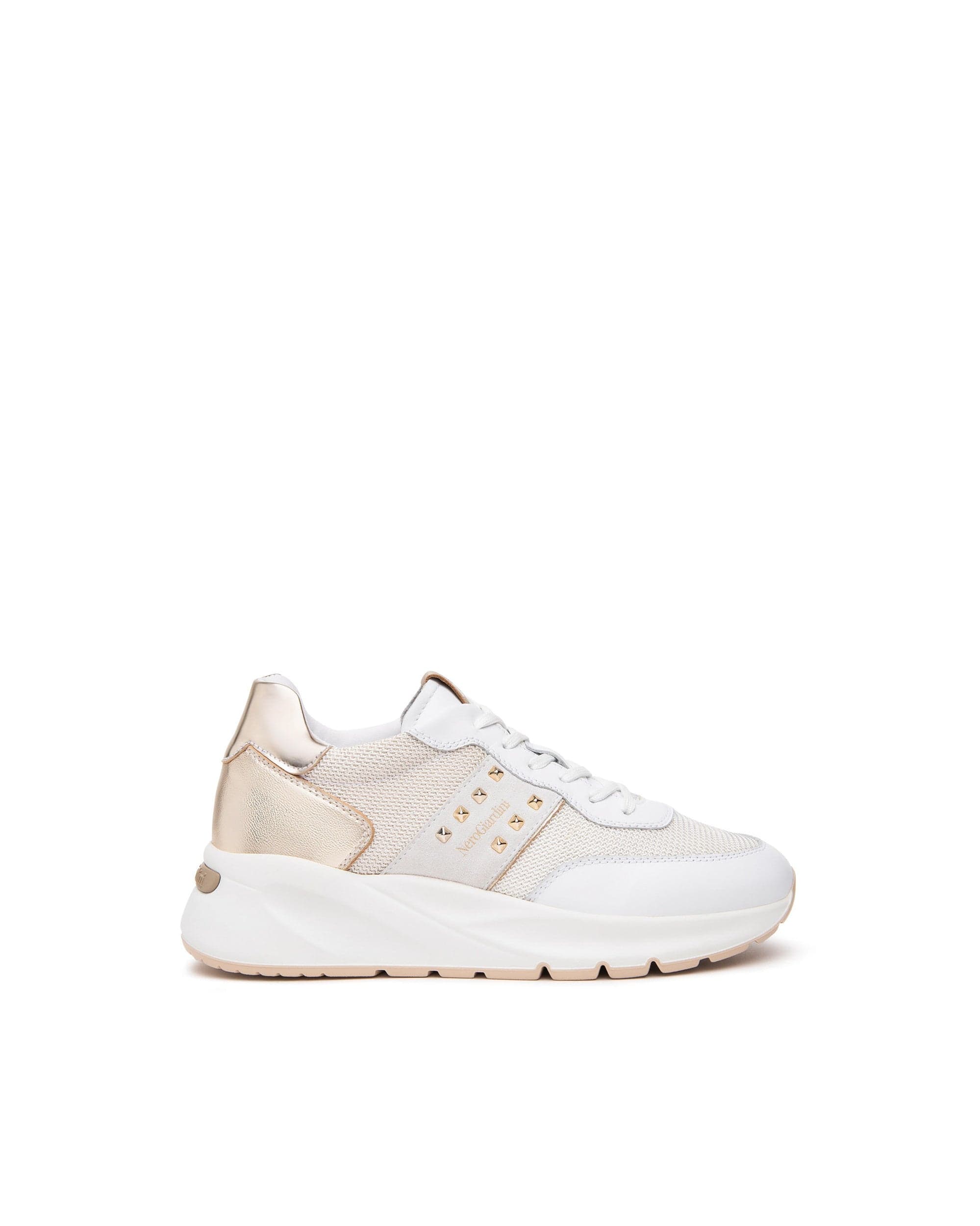Nero Giardini sneakers donna bianco con borchie oro E512862D707 in Sneaker casual Teresi Calzature - Marsala, commercioVirtuoso.it