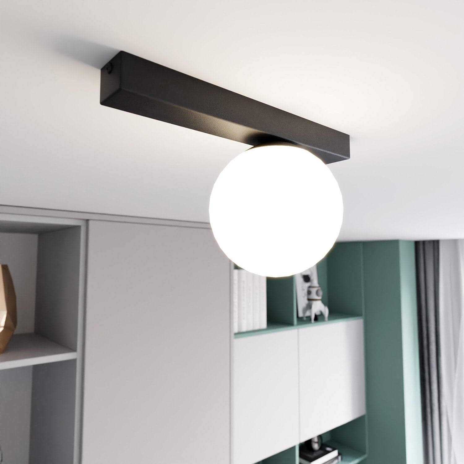Plafoniera Moderna 1 Luce Fit Barra In Acciaio Nero E Sfera Di Vetro Opale in Plafoniere LuceArt - Montecorvino Pugliano, commercioVirtuoso.it