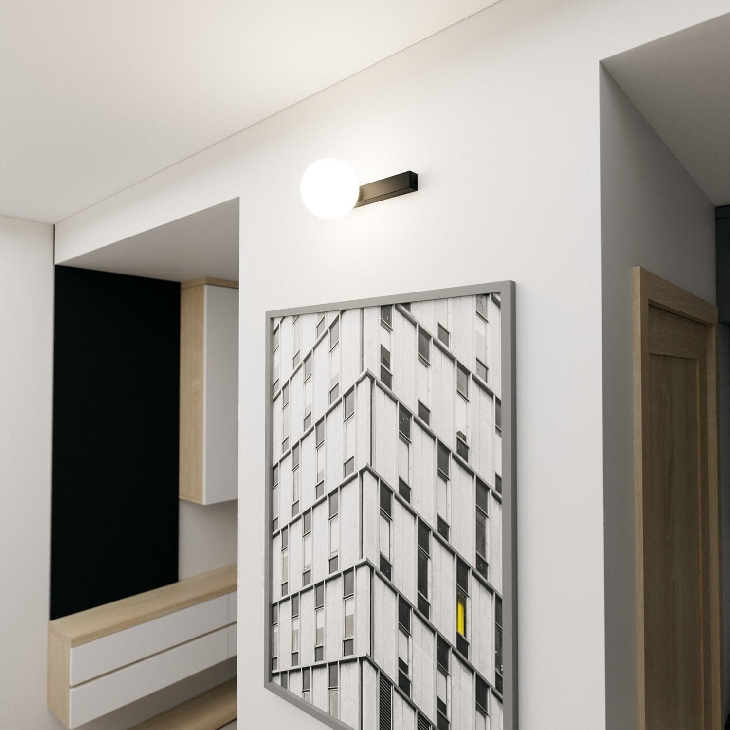 Plafoniera Moderna 1 Luce Fit Barra In Acciaio Nero E Sfera Di Vetro Opale in Plafoniere LuceArt - Montecorvino Pugliano, commercioVirtuoso.it