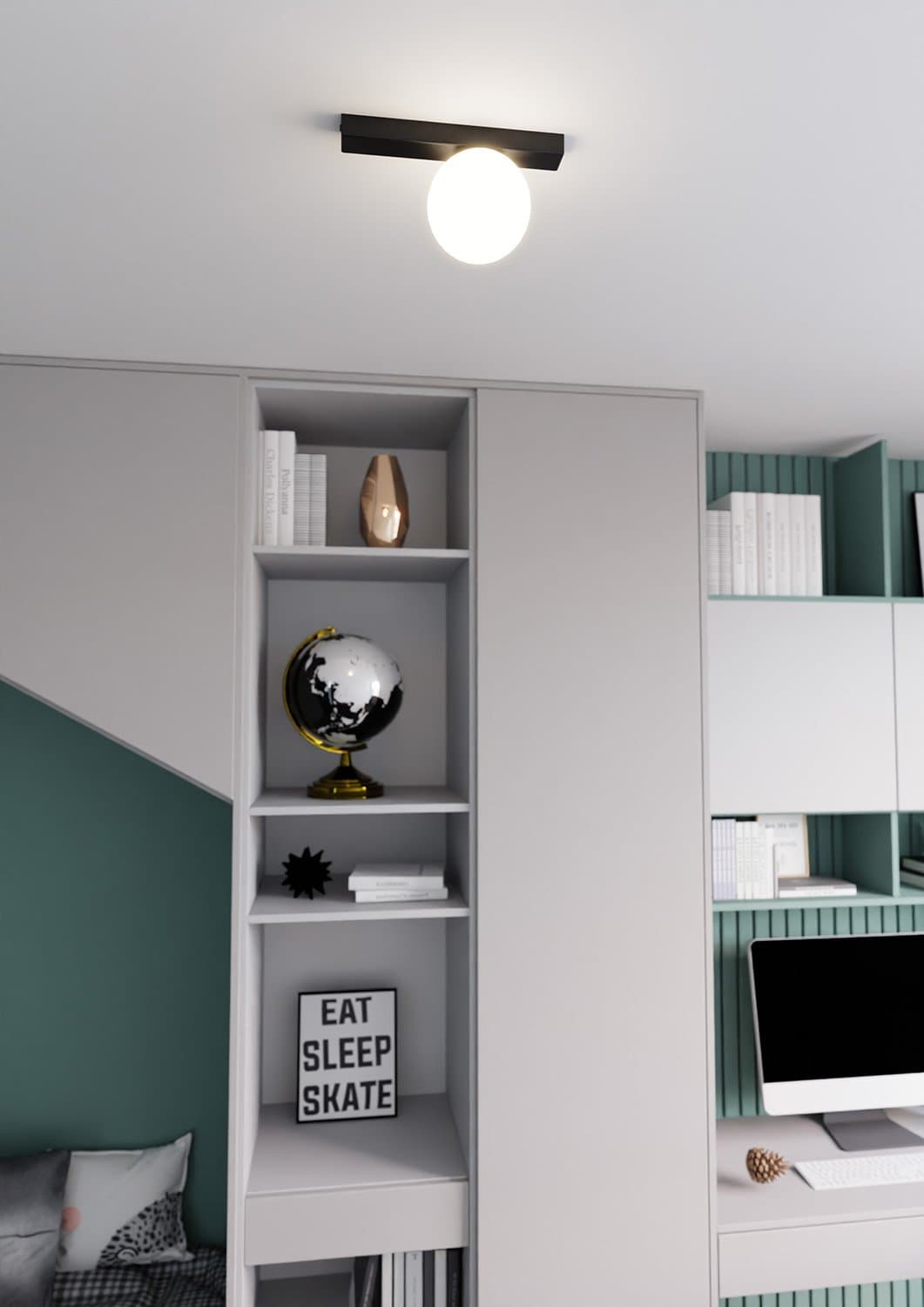 Plafoniera Moderna 1 Luce Fit Barra In Acciaio Nero E Sfera Di Vetro Opale in Plafoniere LuceArt - Montecorvino Pugliano, commercioVirtuoso.it
