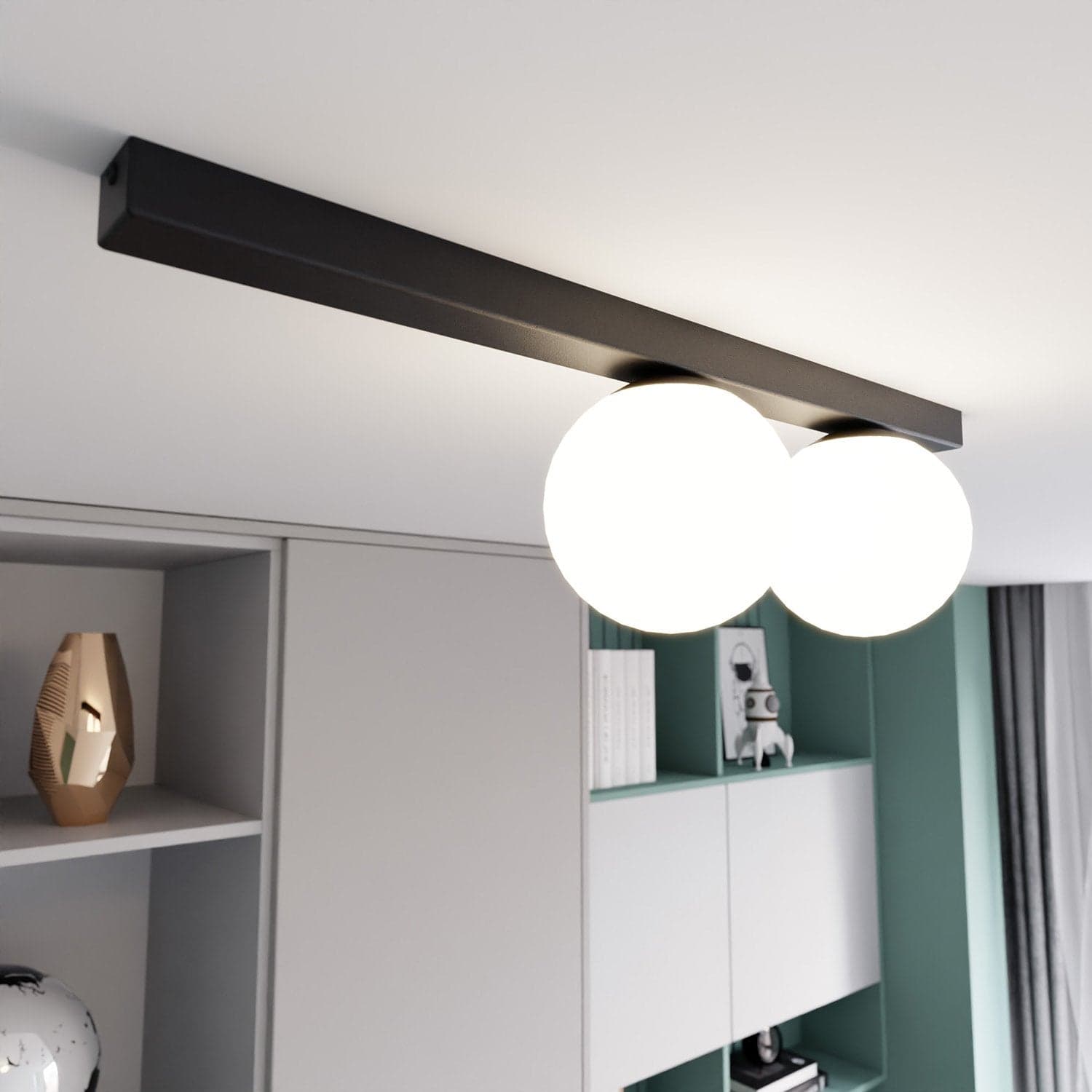 Plafoniera Moderna 2 Luci Fit Barra In Acciaio Nero E Sfere Di Vetro Opale in Lampadari LuceArt - Montecorvino Pugliano, commercioVirtuoso.it