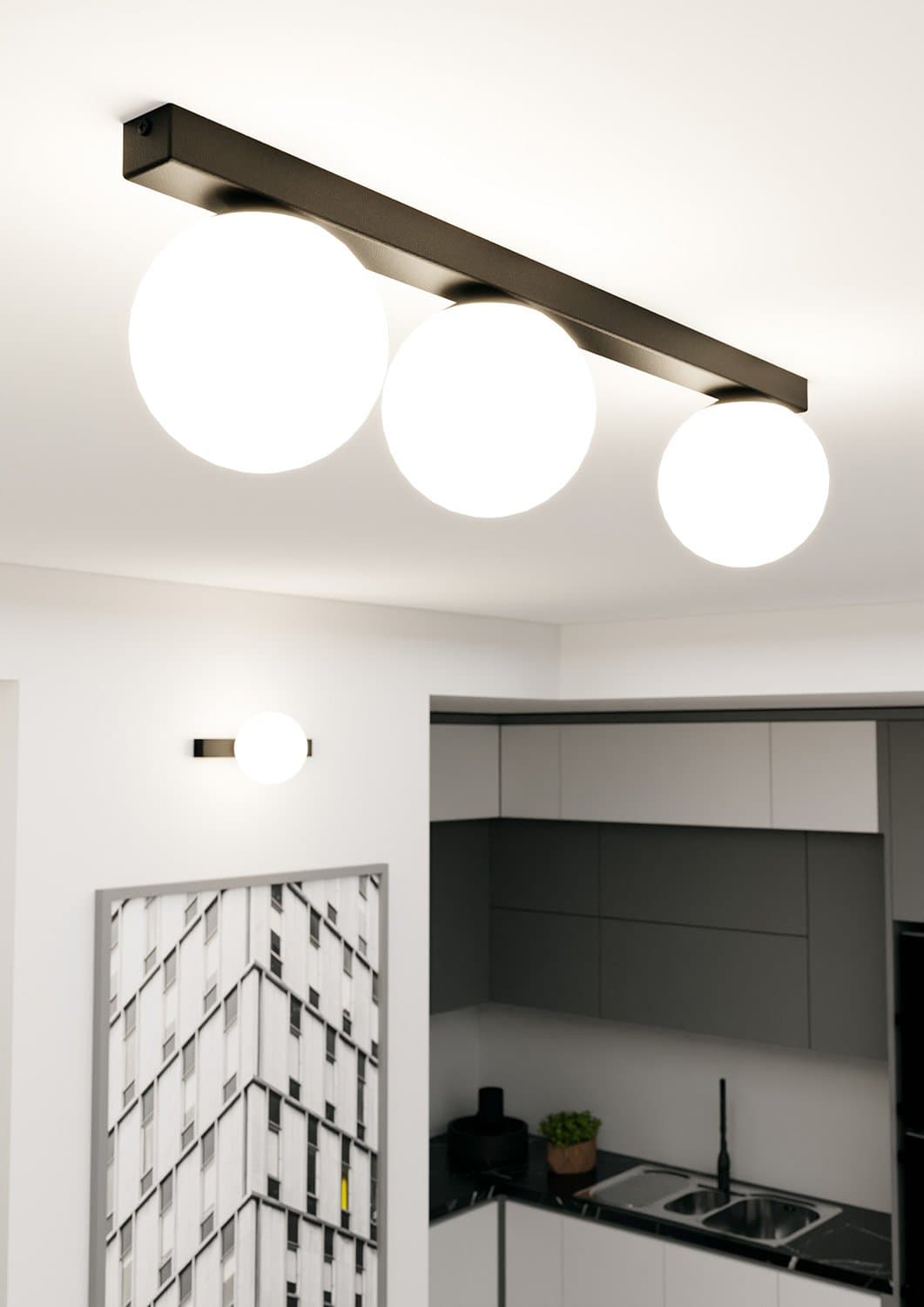 Plafoniera Moderna 3 Luci Fit Barra In Acciaio Nero E Sfere Di Vetro Opale in Lampade a sospensione LuceArt - Montecorvino Pugliano, commercioVirtuoso.it