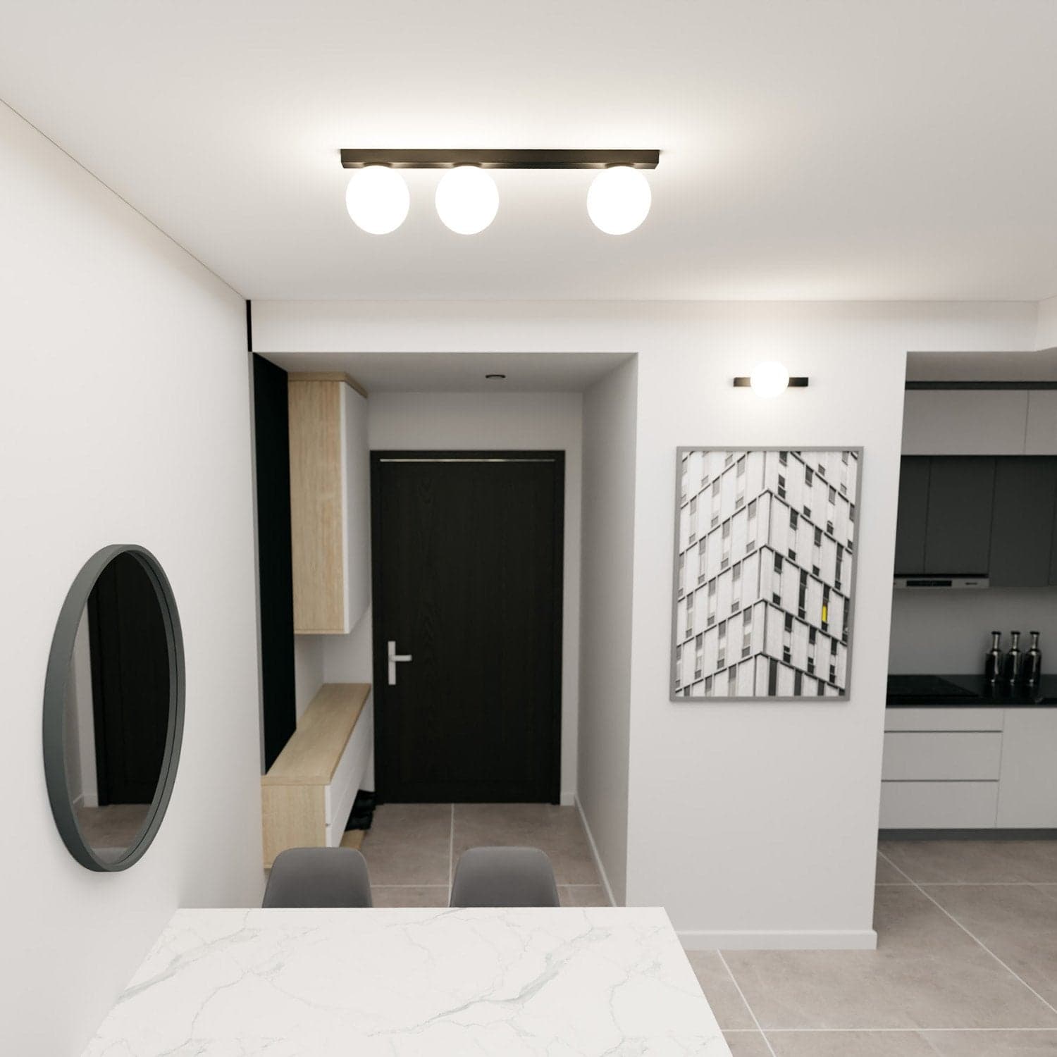 Plafoniera Moderna 3 Luci Fit Barra In Acciaio Nero E Sfere Di Vetro Opale in Lampade a sospensione LuceArt - Montecorvino Pugliano, commercioVirtuoso.it