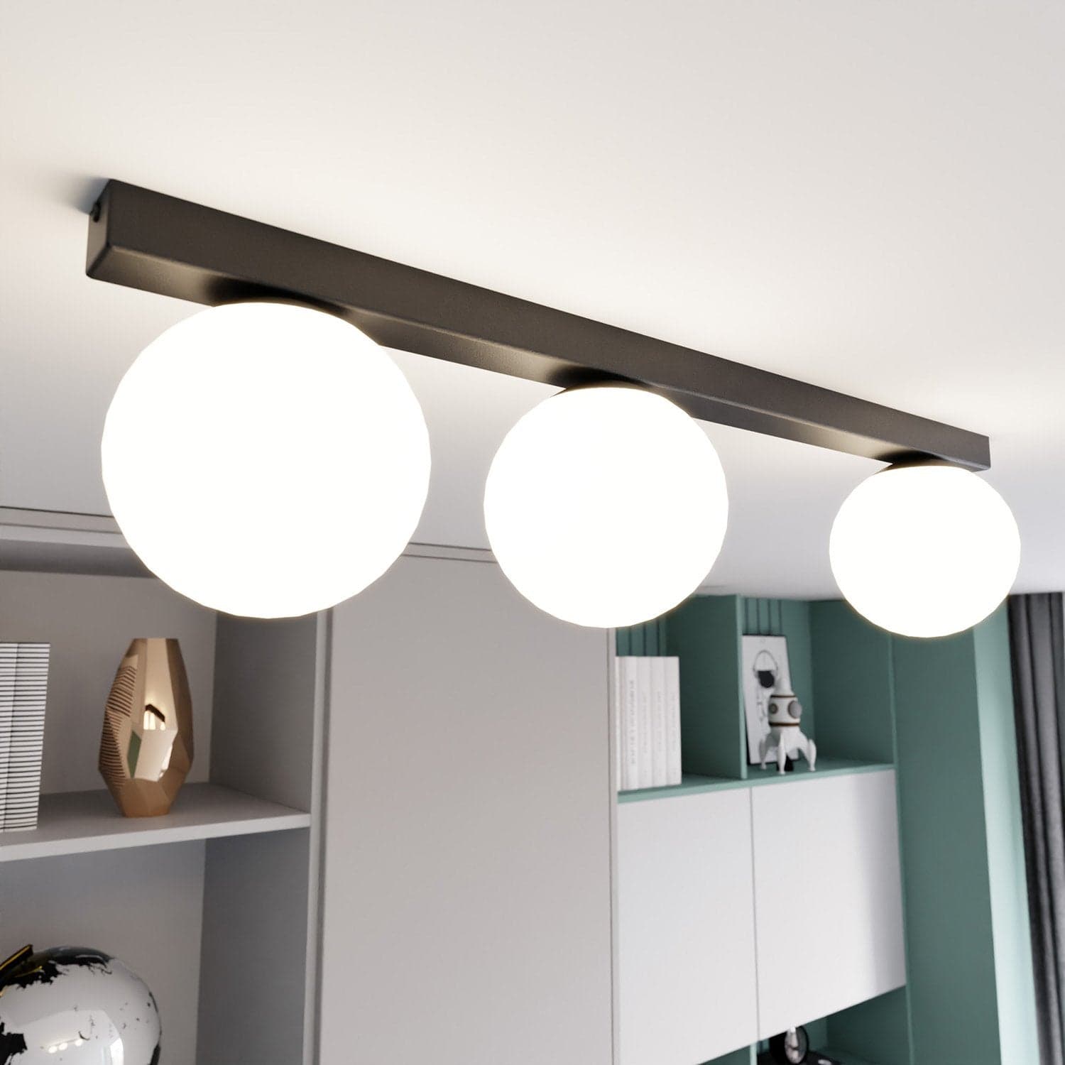 Plafoniera Moderna 3 Luci Fit Barra In Acciaio Nero E Sfere Di Vetro Opale in Lampade a sospensione LuceArt - Montecorvino Pugliano, commercioVirtuoso.it