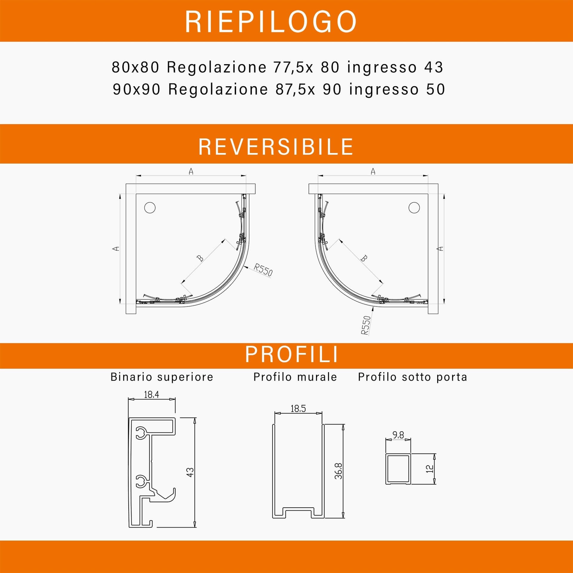 Box doccia semicircolare opaco 80x80 90x90 H195 6mm ICON in Box doccia Mondialshop - Parabiago, commercioVirtuoso.it