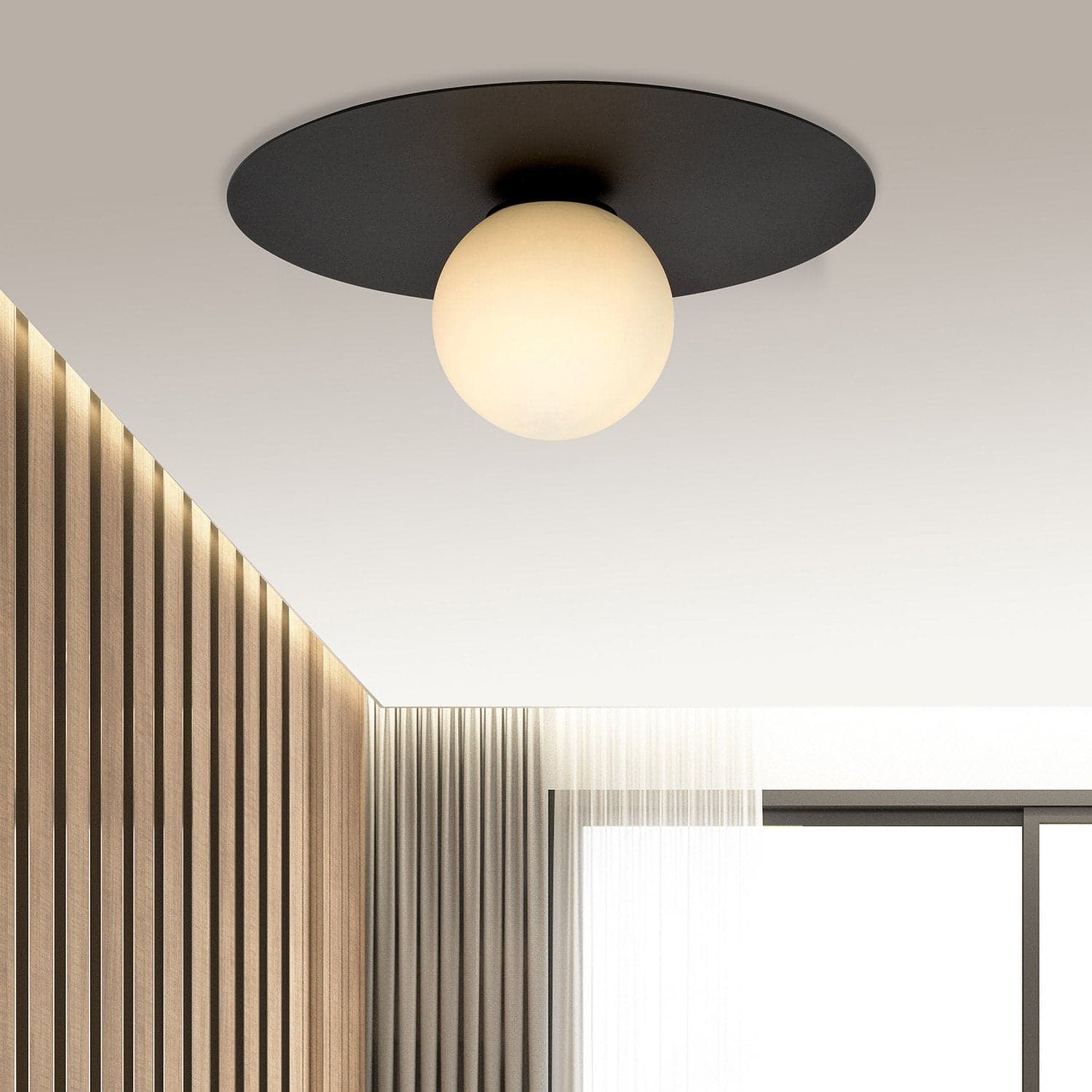 Plafoniera Minimal 1 Luce Solar In Acciaio Nero E Sfera Di Vetro Opale in Plafoniere LuceArt - Montecorvino Pugliano, commercioVirtuoso.it