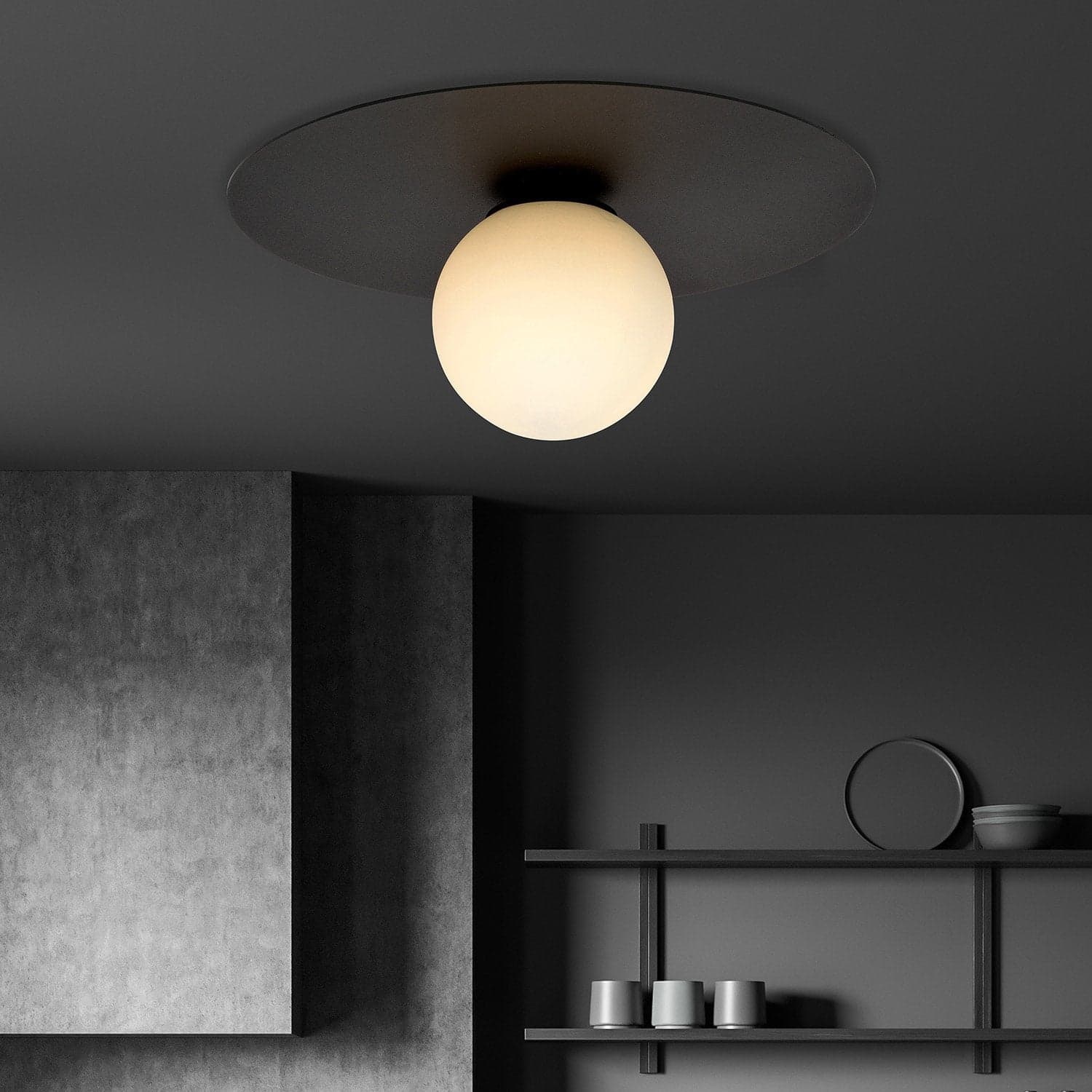 Plafoniera Minimal 1 Luce Solar In Acciaio Nero E Sfera Di Vetro Opale in Plafoniere LuceArt - Montecorvino Pugliano, commercioVirtuoso.it