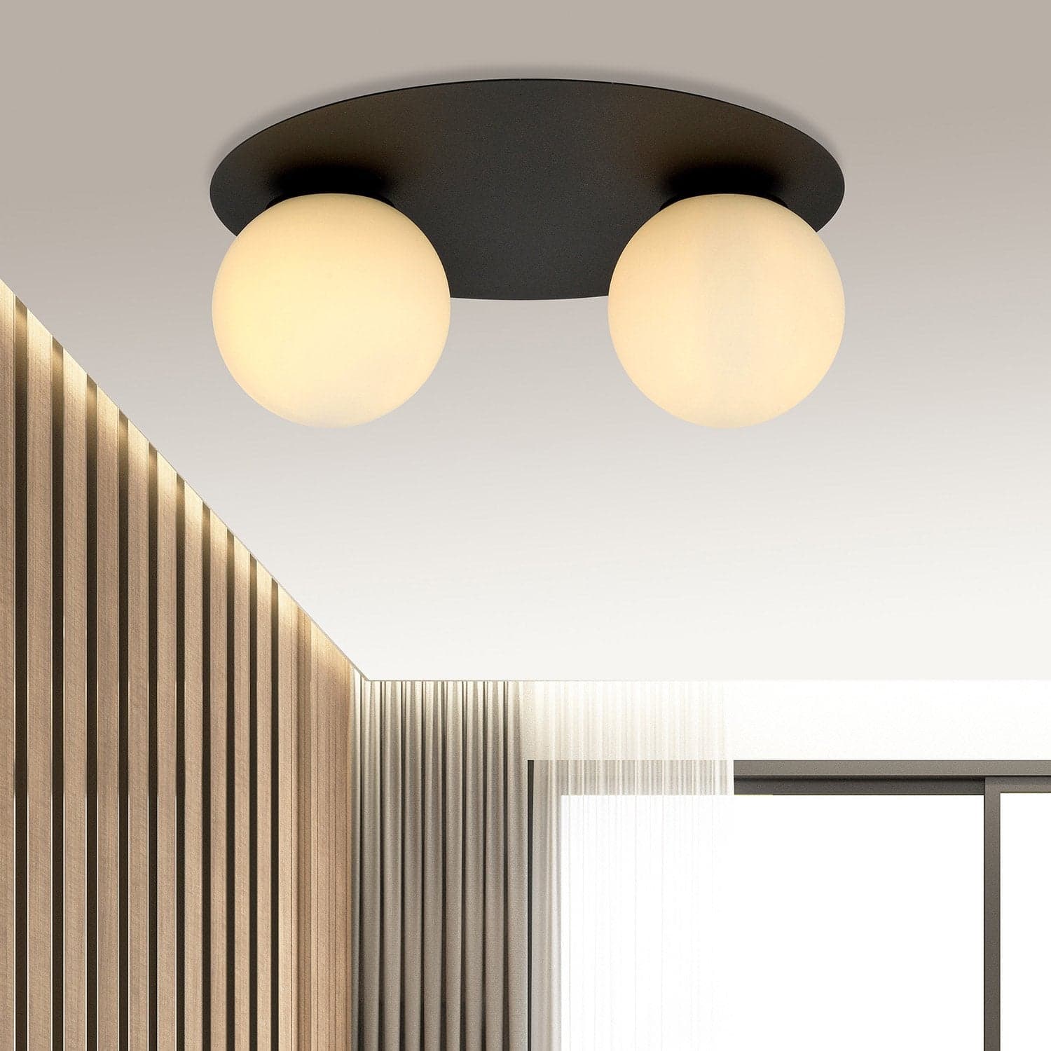 Plafoniera Minimal 2 Luci Solar In Acciaio Nero E Sfere Di Vetro Opale in Lampadari LuceArt - Montecorvino Pugliano, commercioVirtuoso.it