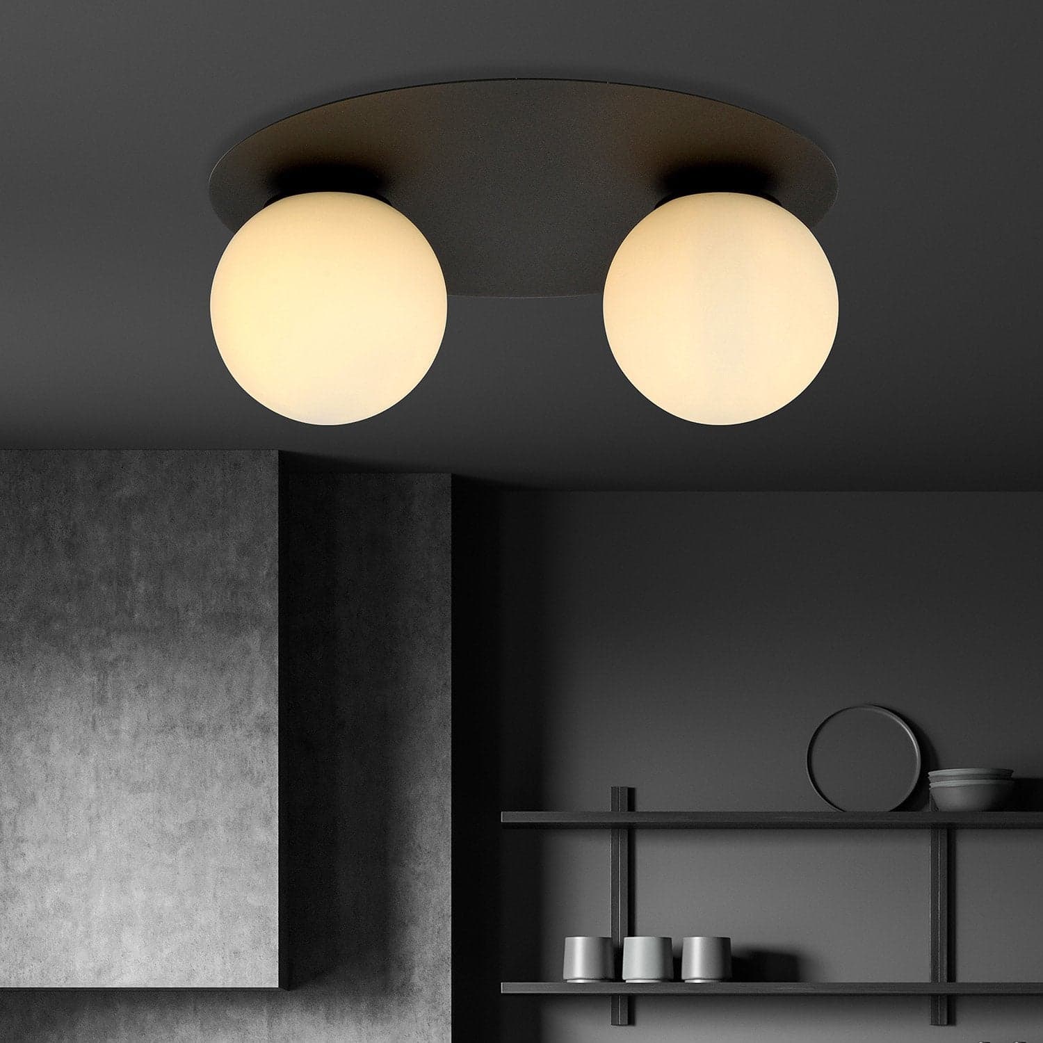 Plafoniera Minimal 2 Luci Solar In Acciaio Nero E Sfere Di Vetro Opale in Lampadari LuceArt - Montecorvino Pugliano, commercioVirtuoso.it