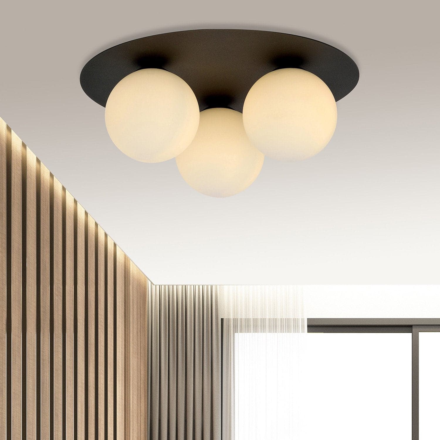 Plafoniera Minimal 3 Luci Solar In Acciaio Nero E Sfere Di Vetro Opale in Lampioni LuceArt - Montecorvino Pugliano, commercioVirtuoso.it