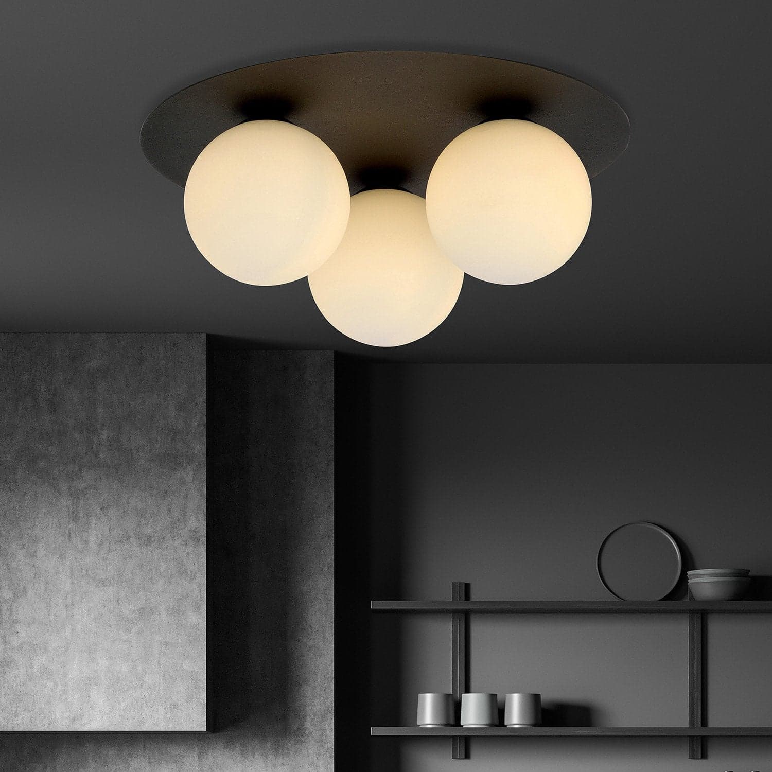 Plafoniera Minimal 3 Luci Solar In Acciaio Nero E Sfere Di Vetro Opale in Lampioni LuceArt - Montecorvino Pugliano, commercioVirtuoso.it