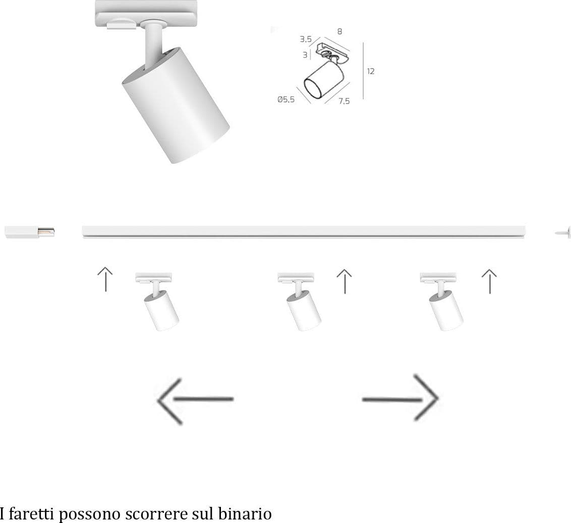 Binario Top Light MONO YARIKIT 100 BI BIANCO GU10 LED spot soffitto orientabili moderni in Faretti da soffitto Lampadari Bartalini - Colle di Val d’Elsa, commercioVirtuoso.it