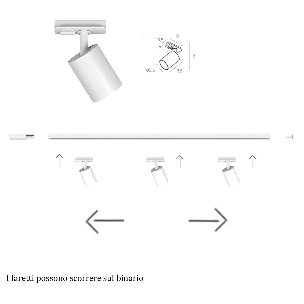 Binario Top Light MONO YARIKIT 100 BI BIANCO GU10 LED spot soffitto orientabili moderni in Faretti da soffitto Lampadari Bartalini - Colle di Val d’Elsa, commercioVirtuoso.it