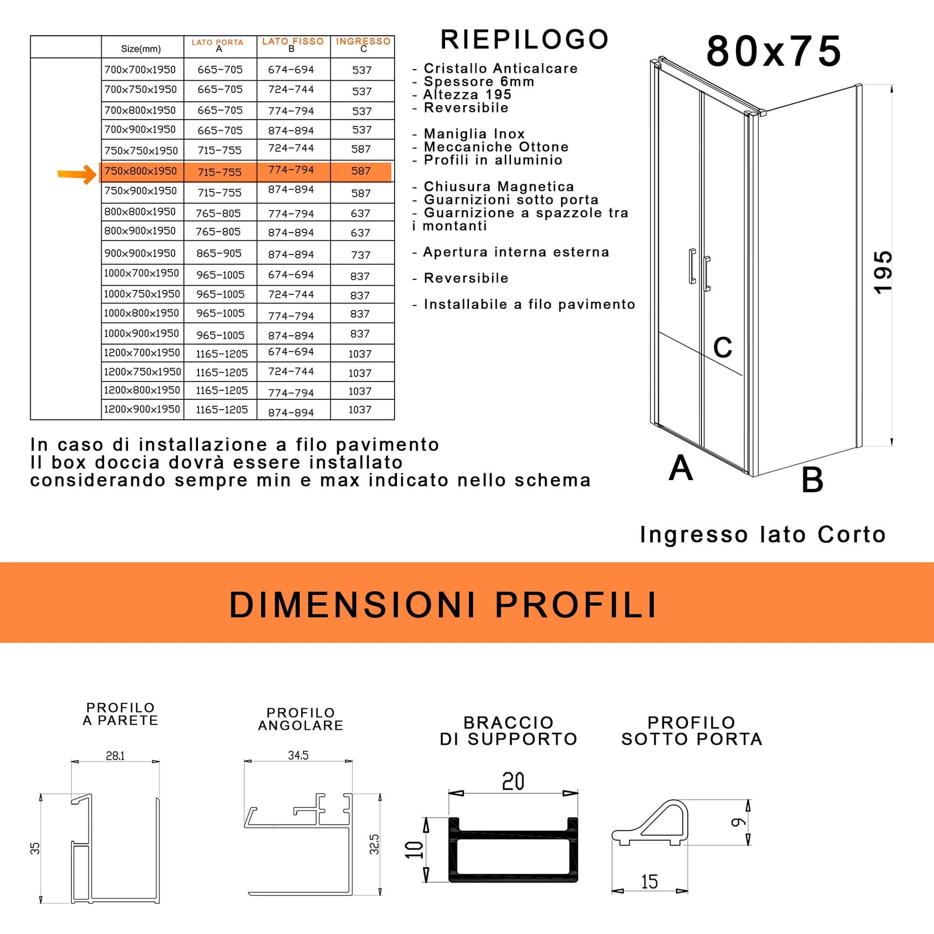 Box doccia due lati con porta saloon H195 6mm anticalcare Dobla in Box doccia Mondialshop - Parabiago, commercioVirtuoso.it