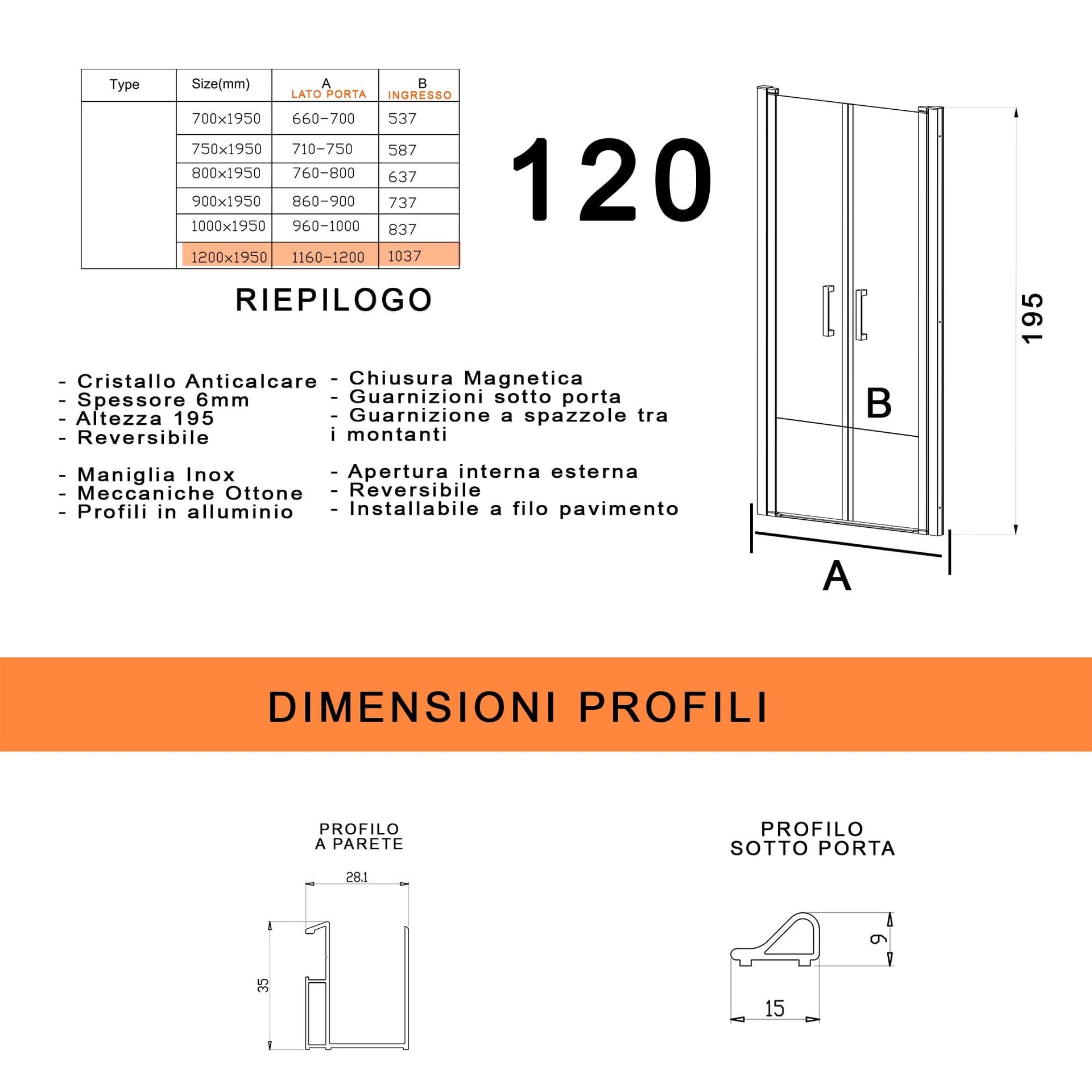 Porta doccia con due ante saloon in cristallo trasparente H195 6mm DOBLA in Porte doccia Mondialshop - Parabiago, commercioVirtuoso.it