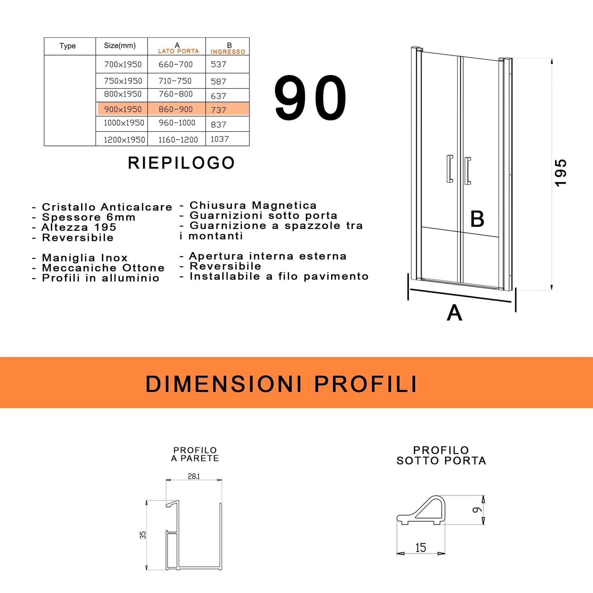 Porta doccia con due ante saloon in cristallo trasparente H195 6mm DOBLA in Porte doccia Mondialshop - Parabiago, commercioVirtuoso.it