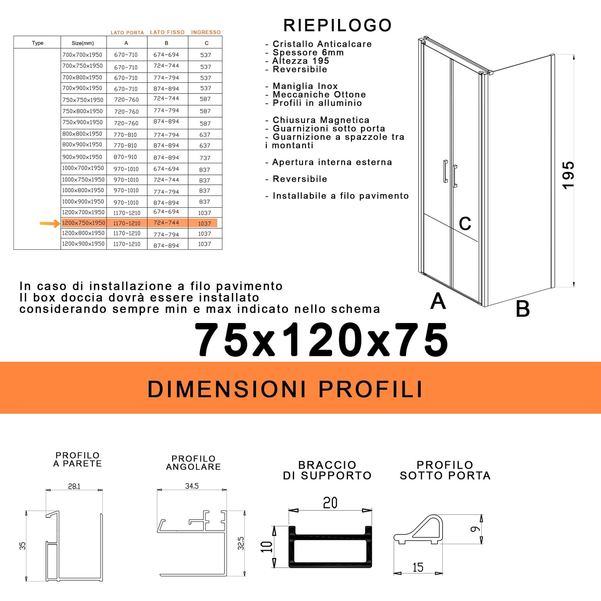Box doccia saloon tre lati senza profili trasparente 6mm H195 DOBLA in Box doccia Mondialshop - Parabiago, commercioVirtuoso.it