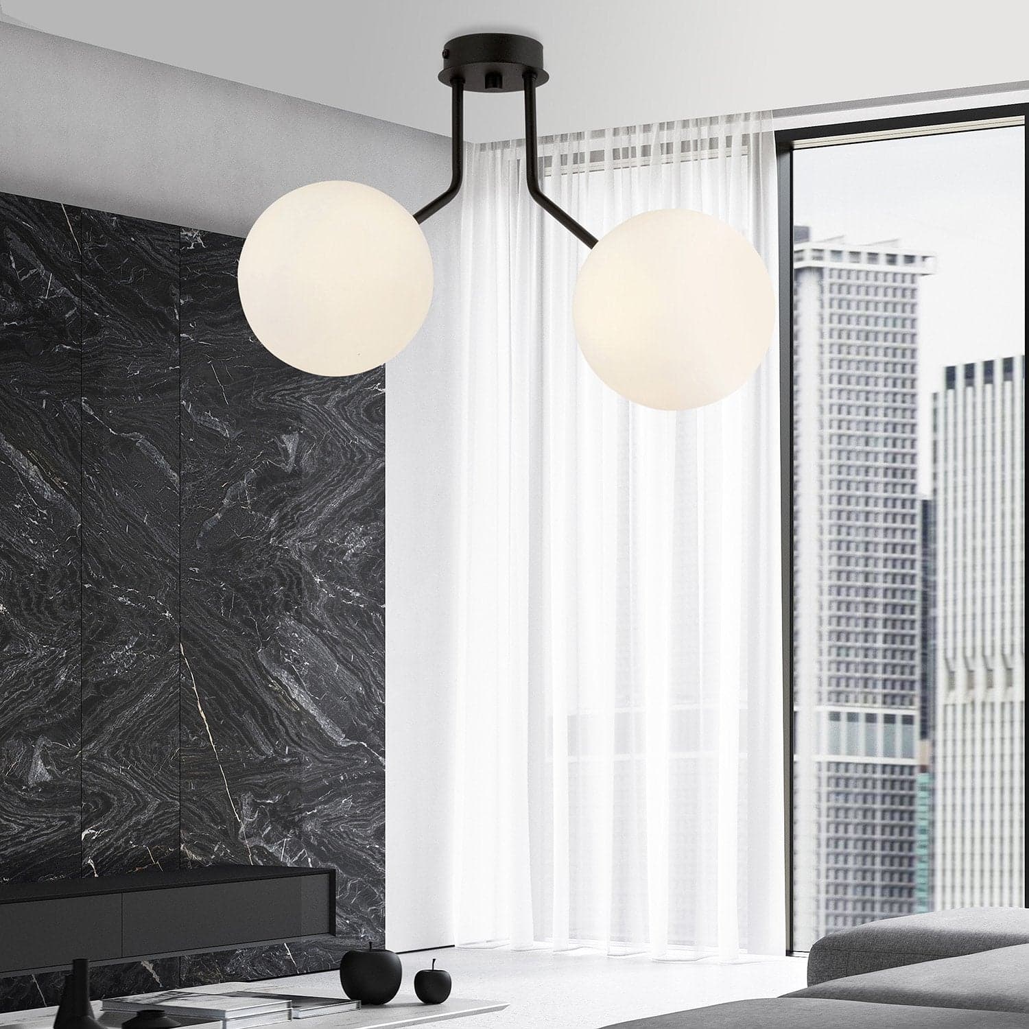 Plafoniera Moderna 2 Luci Nova In Acciaio Nero E Sfere Vetro Opale in Plafoniere LuceArt - Montecorvino Pugliano, commercioVirtuoso.it