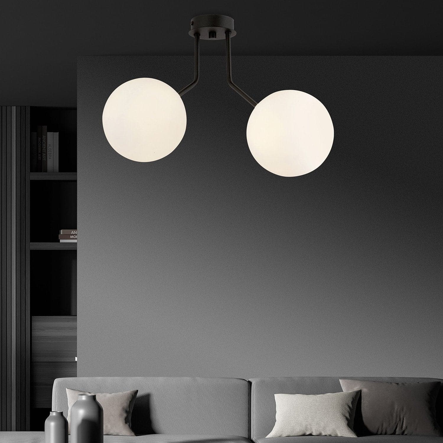Plafoniera Moderna 2 Luci Nova In Acciaio Nero E Sfere Vetro Opale in Plafoniere LuceArt - Montecorvino Pugliano, commercioVirtuoso.it