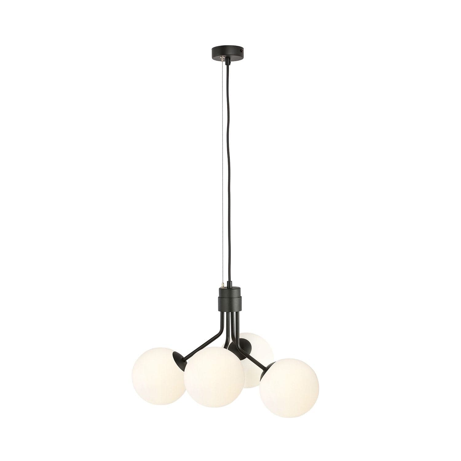 Sospensione Moderna 4 Luci Nova In Acciaio Nero E Sfere Vetro Opale in Lampade a sospensione LuceArt - Montecorvino Pugliano, commercioVirtuoso.it