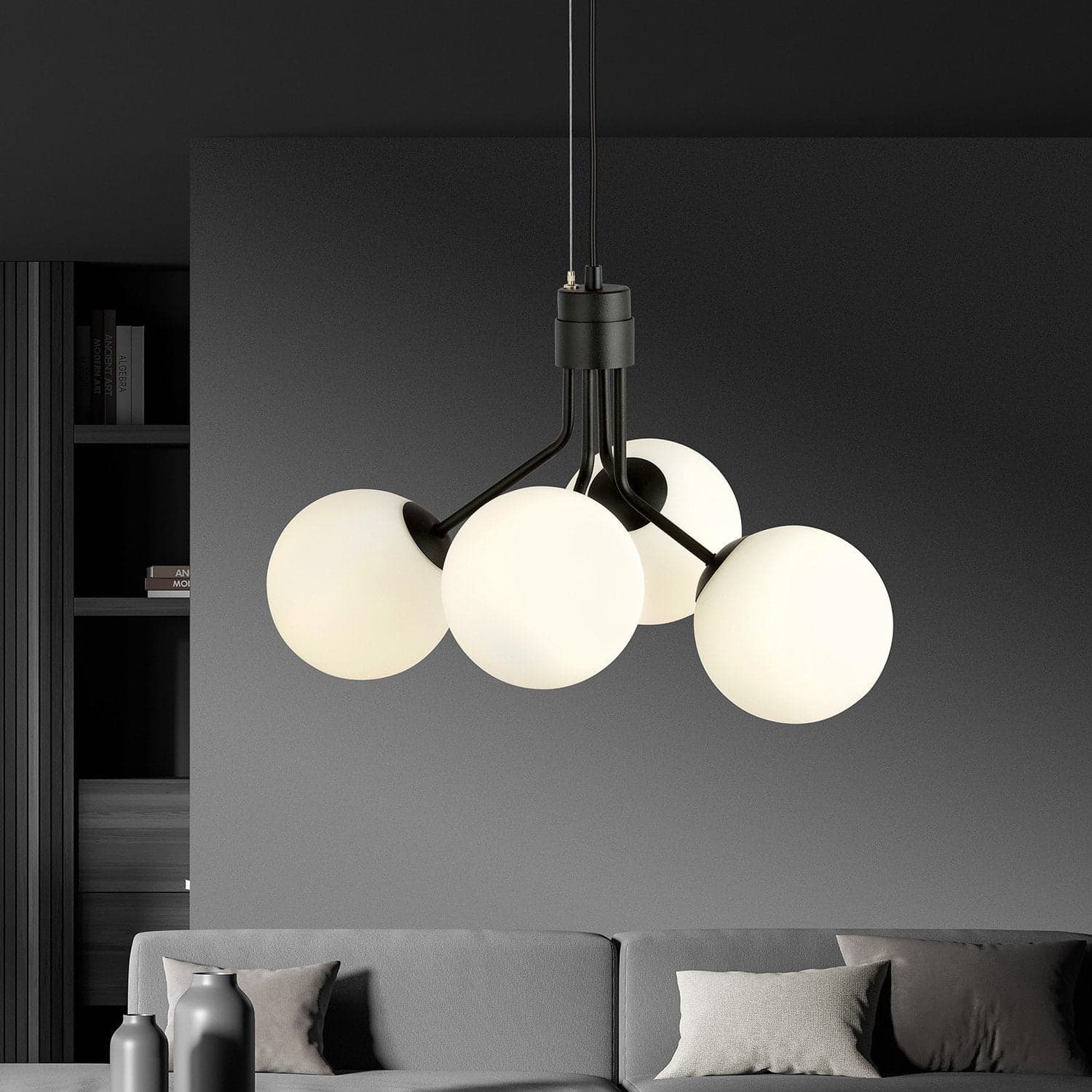 Sospensione Moderna 4 Luci Nova In Acciaio Nero E Sfere Vetro Opale in Lampade a sospensione LuceArt - Montecorvino Pugliano, commercioVirtuoso.it