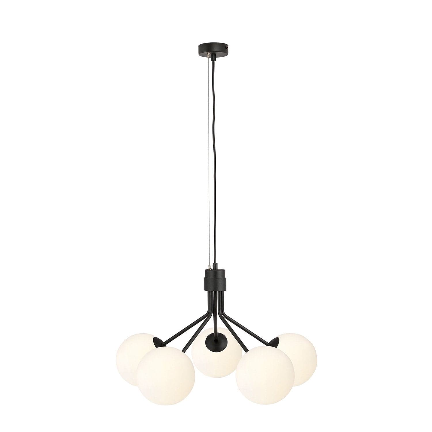 Sospensione Moderna 5 Luci Nova In Acciaio Nero E Sfere Vetro Opale in Lampade a sospensione LuceArt - Montecorvino Pugliano, commercioVirtuoso.it