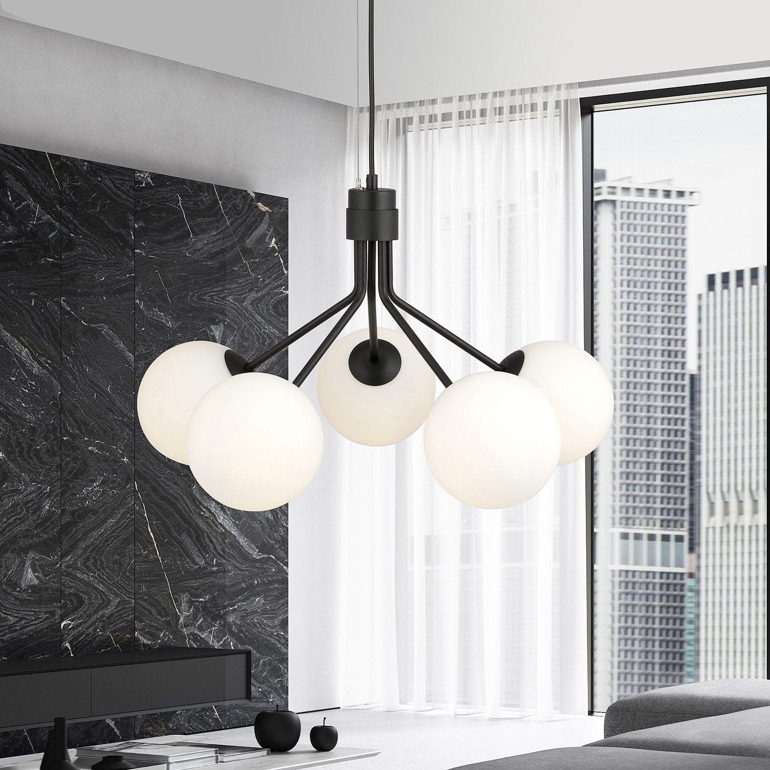 Sospensione Moderna 5 Luci Nova In Acciaio Nero E Sfere Vetro Opale in Lampade a sospensione LuceArt - Montecorvino Pugliano, commercioVirtuoso.it