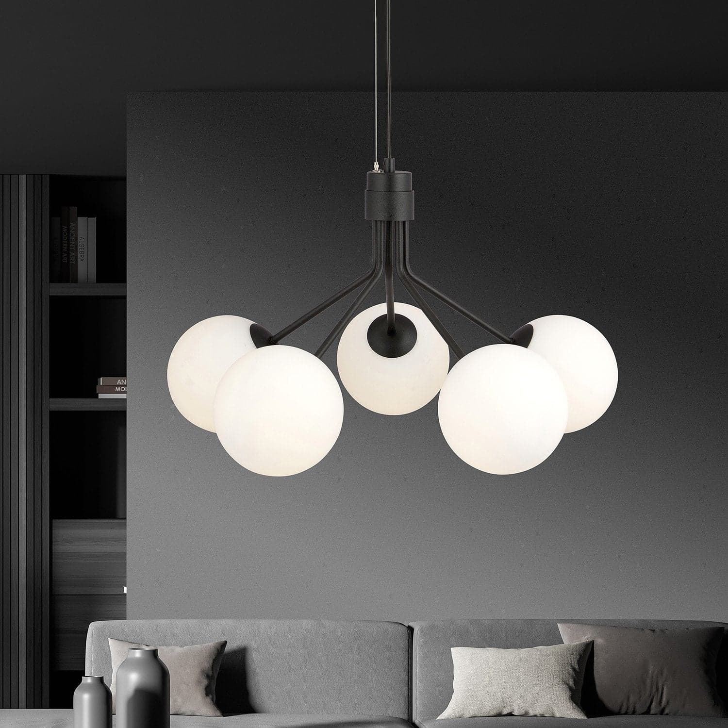 Sospensione Moderna 5 Luci Nova In Acciaio Nero E Sfere Vetro Opale in Lampade a sospensione LuceArt - Montecorvino Pugliano, commercioVirtuoso.it