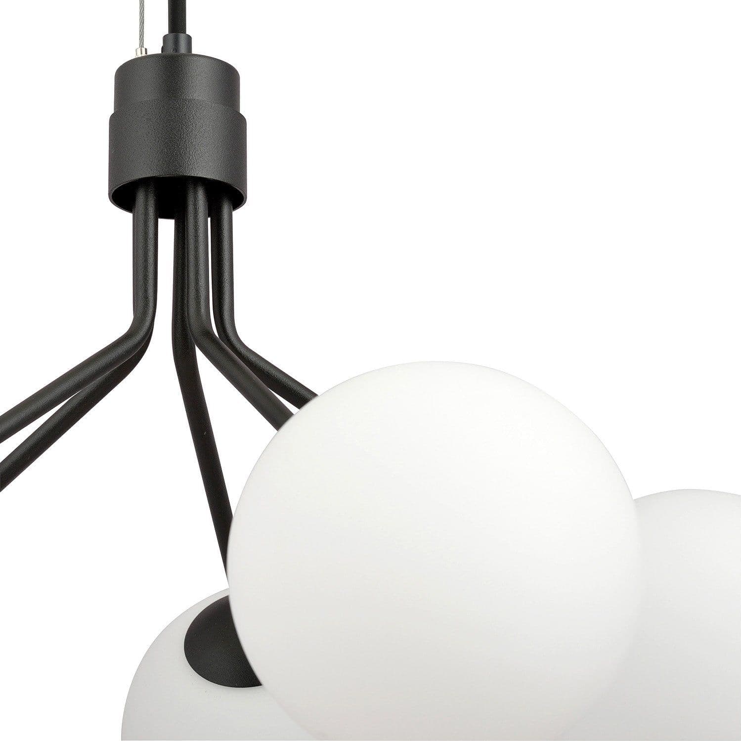 Sospensione Moderna 5 Luci Nova In Acciaio Nero E Sfere Vetro Opale in Lampade a sospensione LuceArt - Montecorvino Pugliano, commercioVirtuoso.it