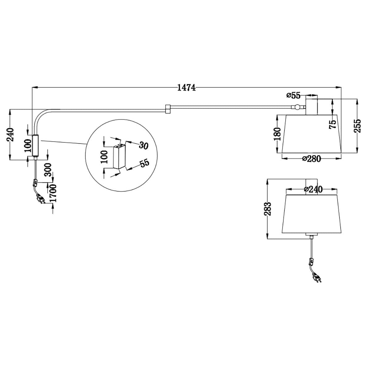 Braccio parete snodabile orientabile Trio Lithing BALDO 200600132 E27 LED metallo nero paralume tessuto in Applique Lampadari Bartalini - Colle di Val d’Elsa, commercioVirtuoso.it